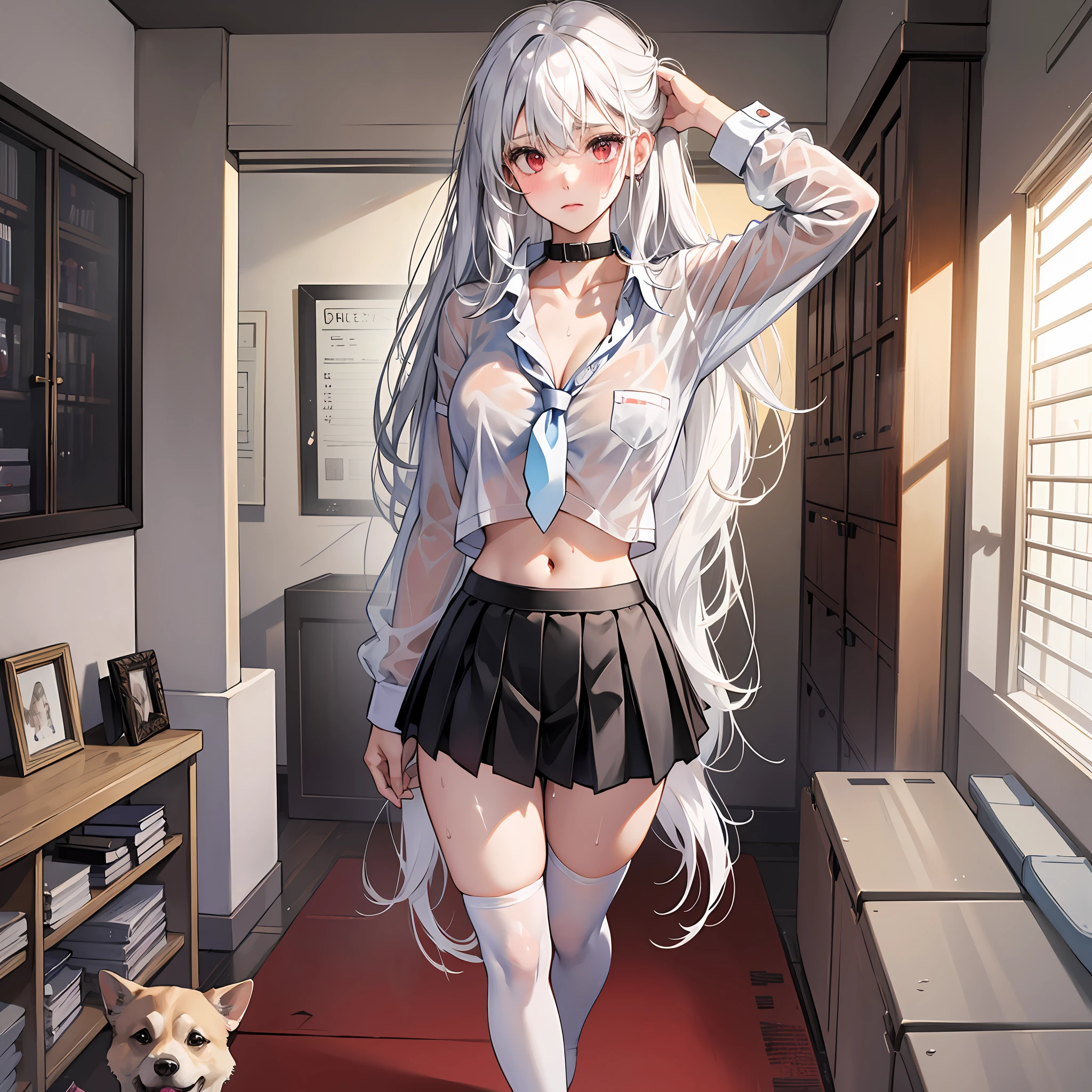 hd, one girl, white hair, red eyes, school uniform, wet clothes, see-through, no bra, mid breasts, bulge, white stockings, black panties, sweat, blush, no shoes, unbuttoned, navel, mini skirt, no tie, dog collar, wet panties, sheer clothes, hands behind head, leg rings, standing, bright room, eyes looking at garbage