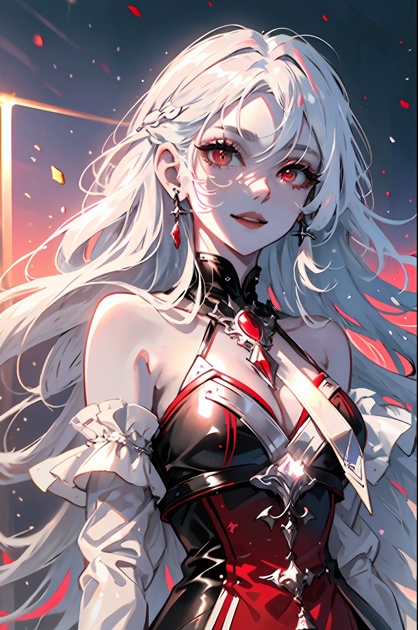 (simple hands:0.5)+(detailed hands:0.7), (masterwork), (best quality), white hair, red eyes,1girl, pale skin, white hair, red eyes, two tone hair, eyelashes, bracelet, jewelry, smile, gleaming skin, shiny hair, detailed and majestic stage, Fantasy, Long Hair, 1 girl, colorful outfit, two-tone hair, night sky, fantasy,