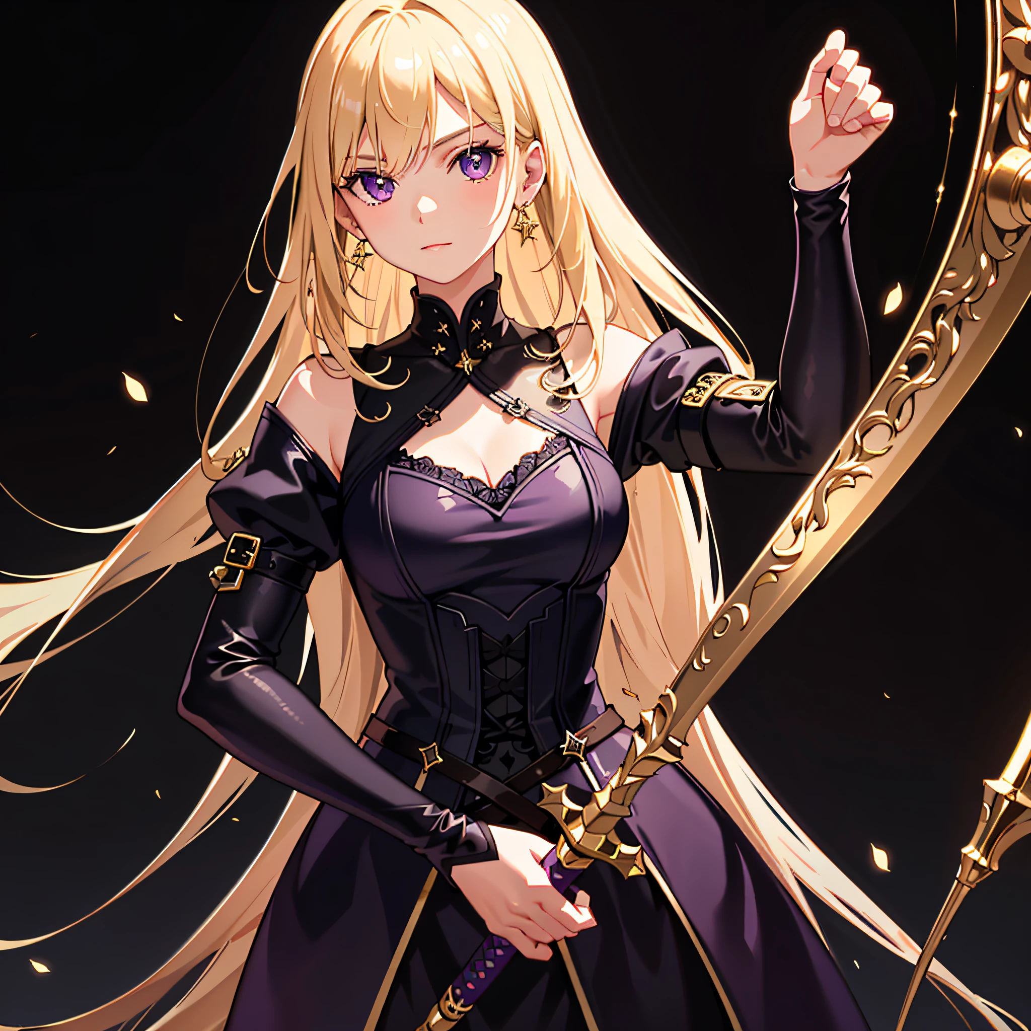 (HD image, superb detail, side light, exquisite light grain rendering, rich textured wallpaper background, 1 blonde girl: 1.2+ purple eyes, two-handed sword)