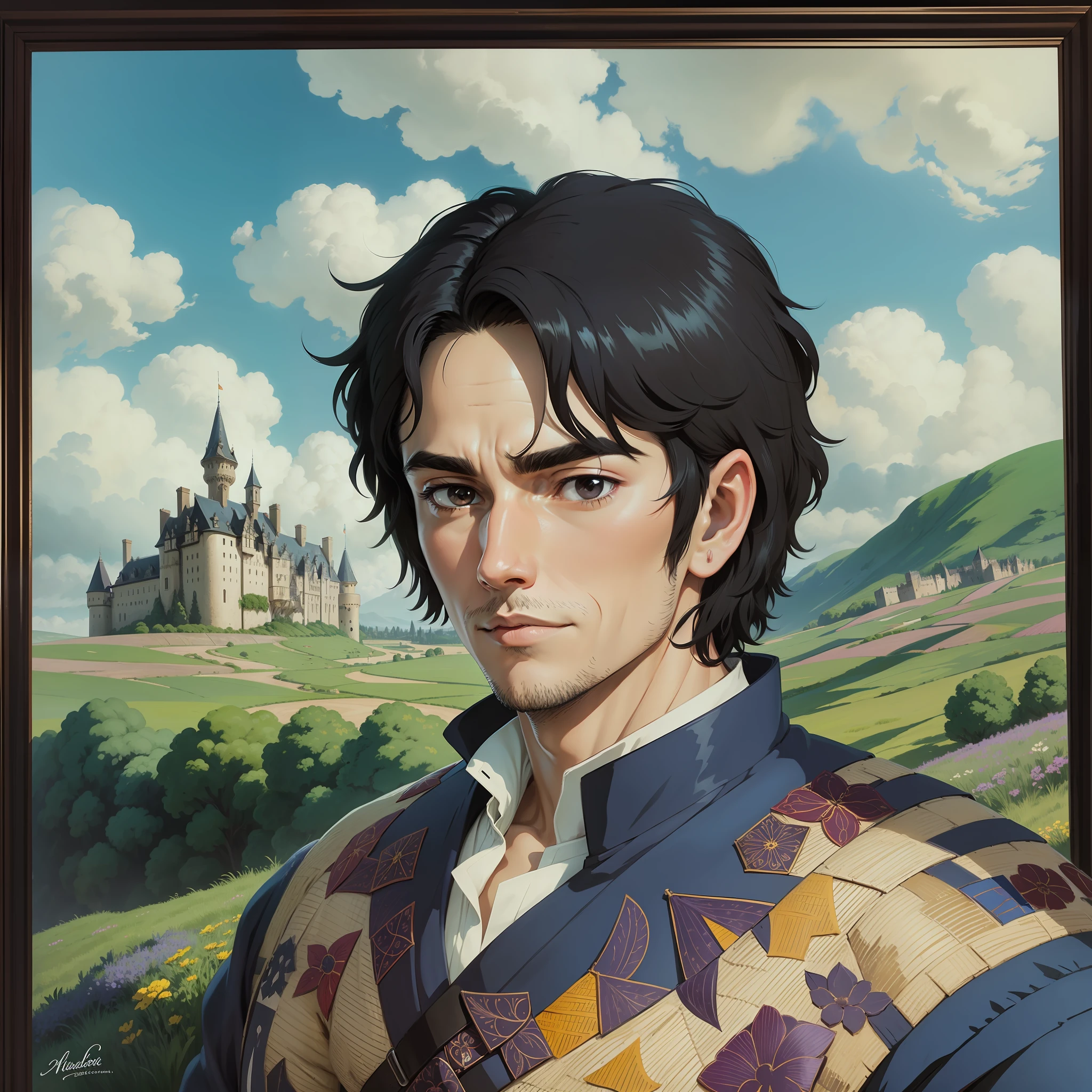 Male, adult, 35 years old, black hair, black eye, MEDIEVAL CLOTHING, STUDIO GHIBLI STYLE, PORTRAIT, PORTRAIT, MEADOW BACKGROUND WITH CASTLE IN THE BACKGROUND