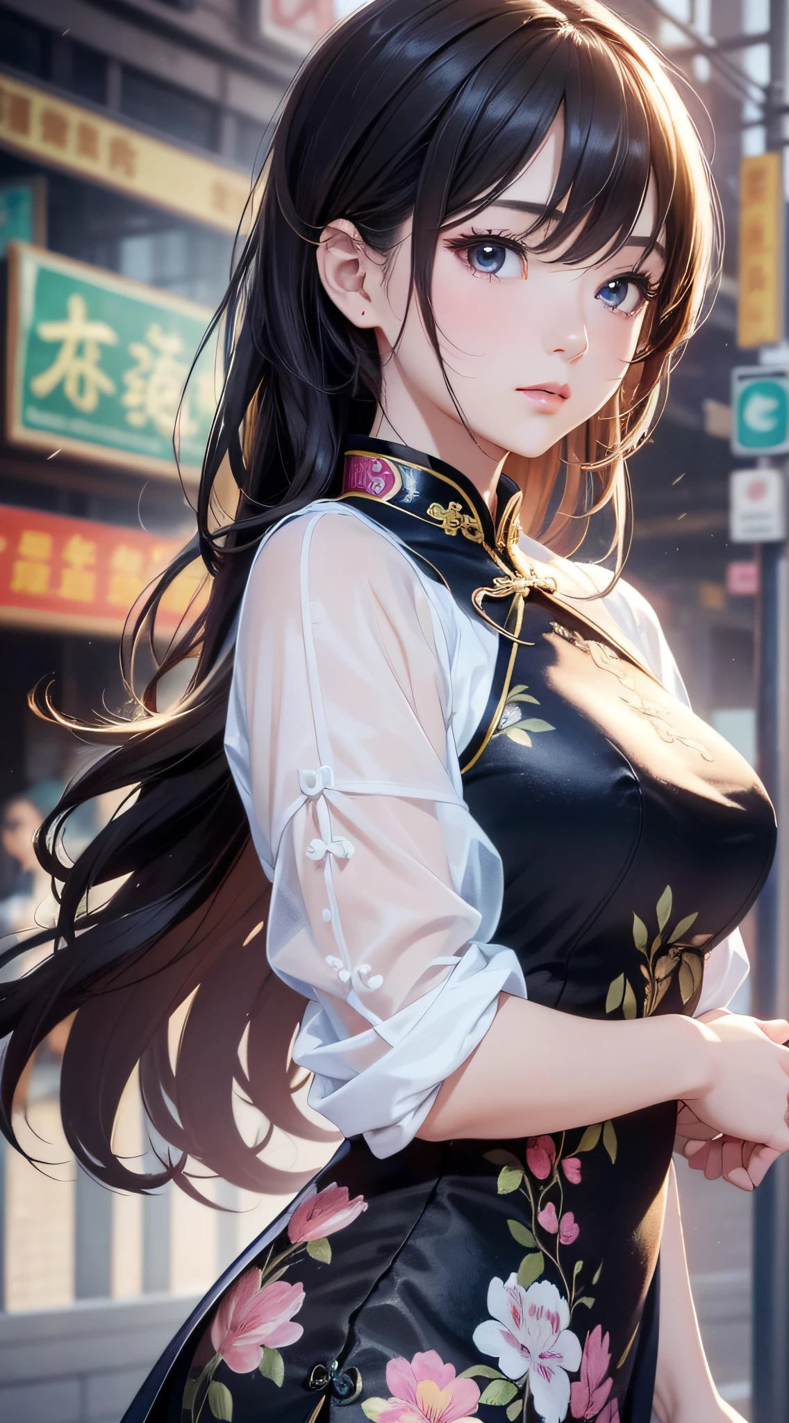 (close-up of painting style, ultra-high-definition 8K, masterpiece-level CG wallpaper), movie-level lighting, cute girl, delicate and beautiful face, dreamy eyes, gorgeous cheongsam, standing on the bustling Chinese city streets, delicate posture, fashion illustrations.