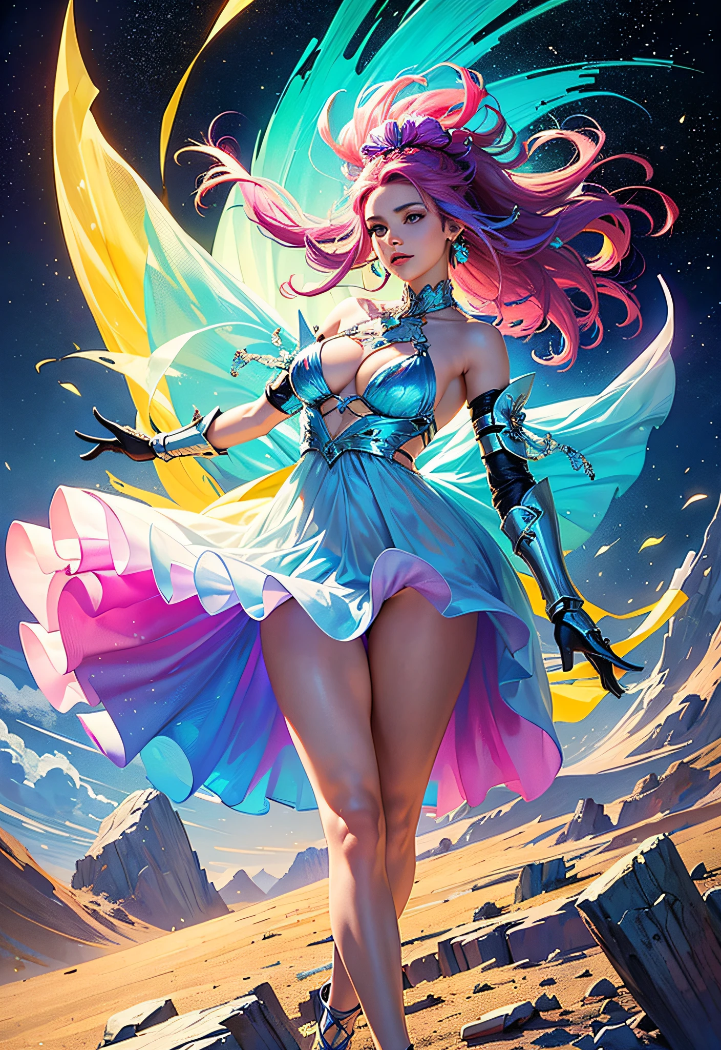 (Masterpiece, Top Quality, Best Quality, Official Art, Beautiful and Aesthetic: 1.2), (1 Girl: 1.3), Very Detailed, (Fractal Art: 1.2), Colorful, Best Detailed, (Zentangle: 1.2), (Dynamic Pose), (Abstract Background: 1.5), (Conversational Dress: 1.2), (Shiny Skin), (Many Colors: 1.4), Upper Body, (String Micro Bikini Armor), ((Colorful Color (Chiffon Translucent: 1.4)) (Mega Hair Dreadlocks)), Pixie Cut, Gauntlets, Gloves, Shoulder Armor, Black Gloves,
