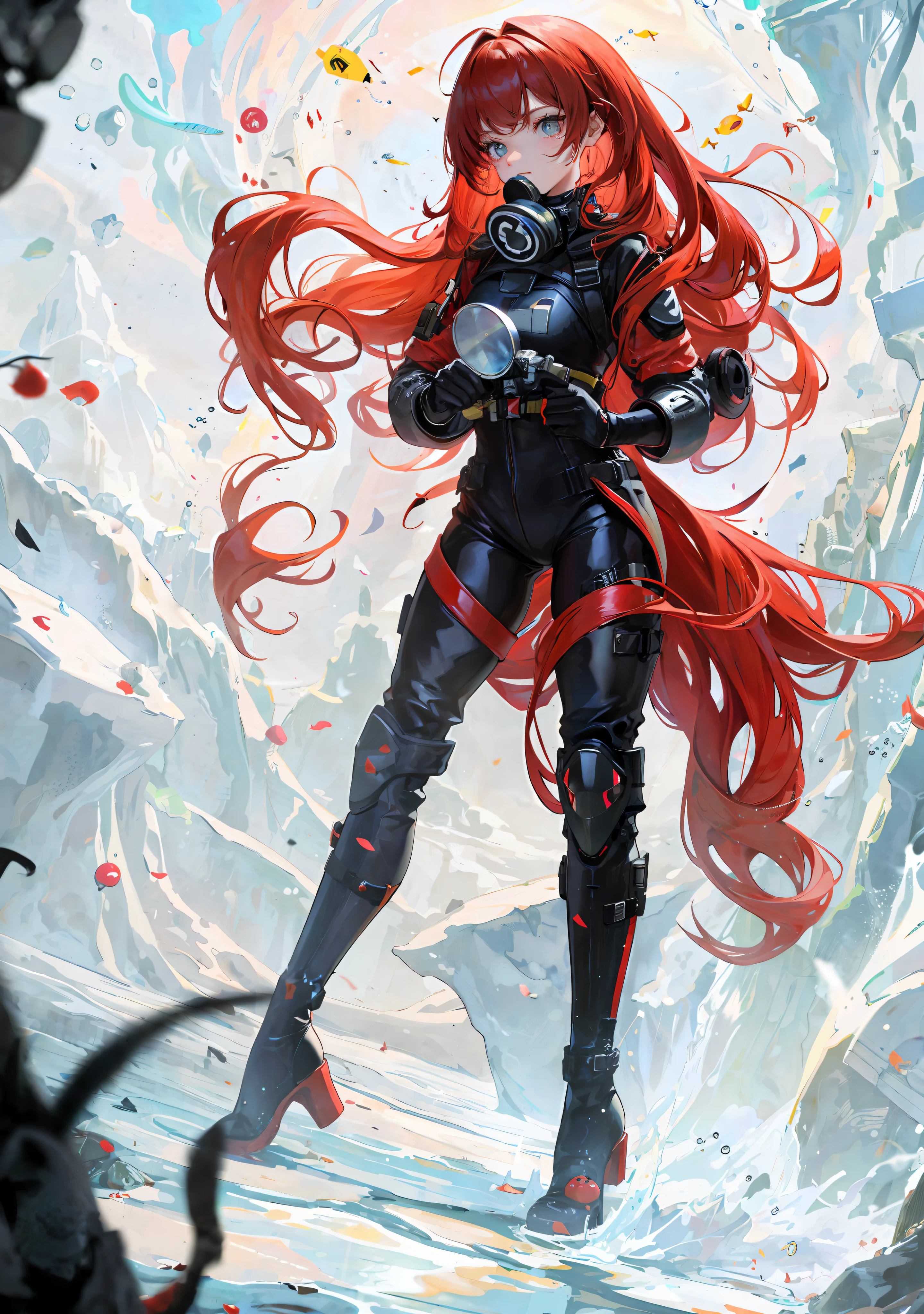 With gas mask, long red hair, bubbles, underwater, black high boots, full body, black clothes