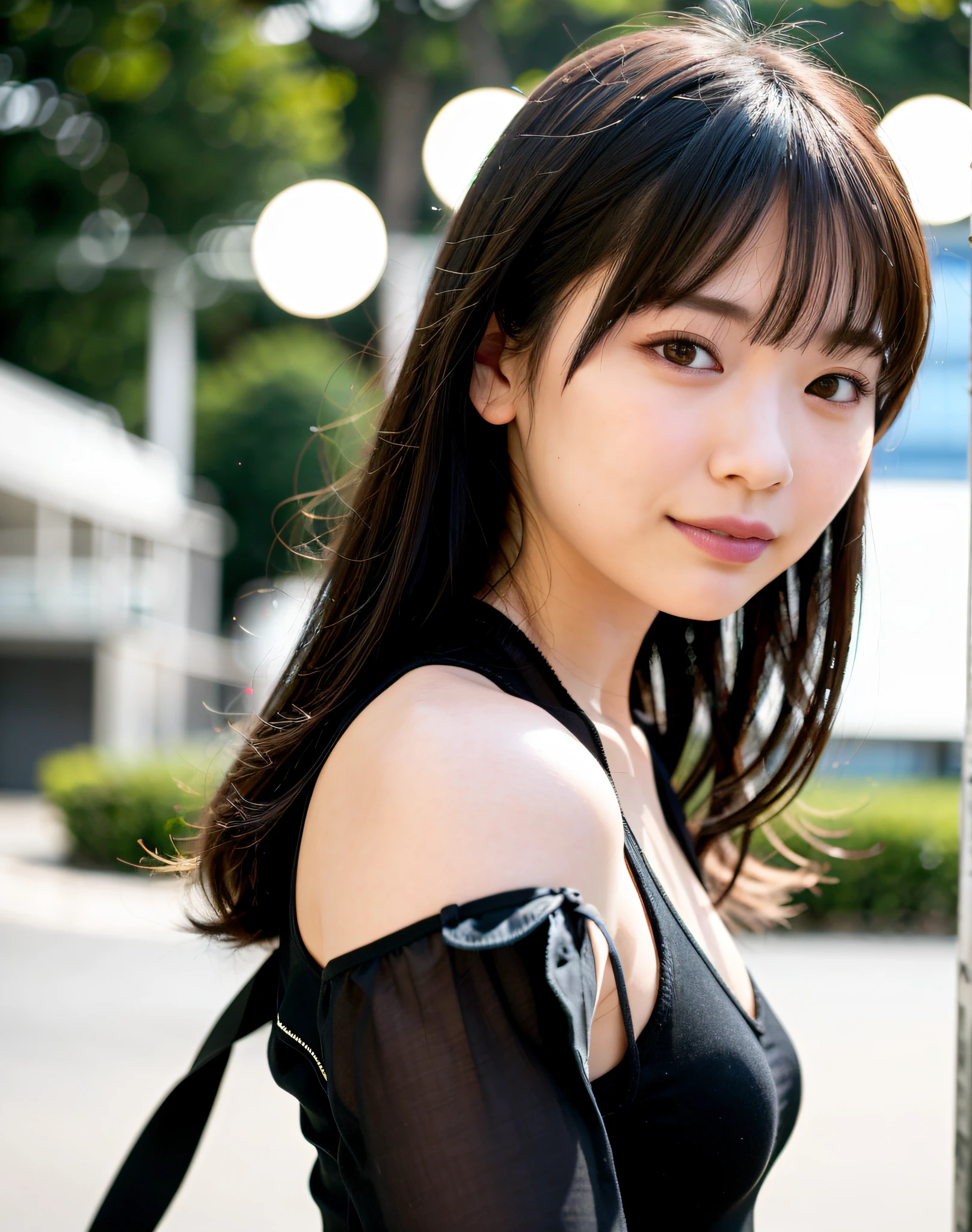 Top Quality, Photorealistic, 8k, High Resolution, Girl, 1 Woman, (Skin Dent), (Professional Lighting, Bokeh), (Street), (People, Crowd: 0.6), Back View, City, Black Hair, Black T-Shirt, (Portrait: 0.6), Gorgeous, Bloom, (Floating Hair), (Light Particles, Lens Flare, Luminous Particles: 0.6), Soft Lighting,