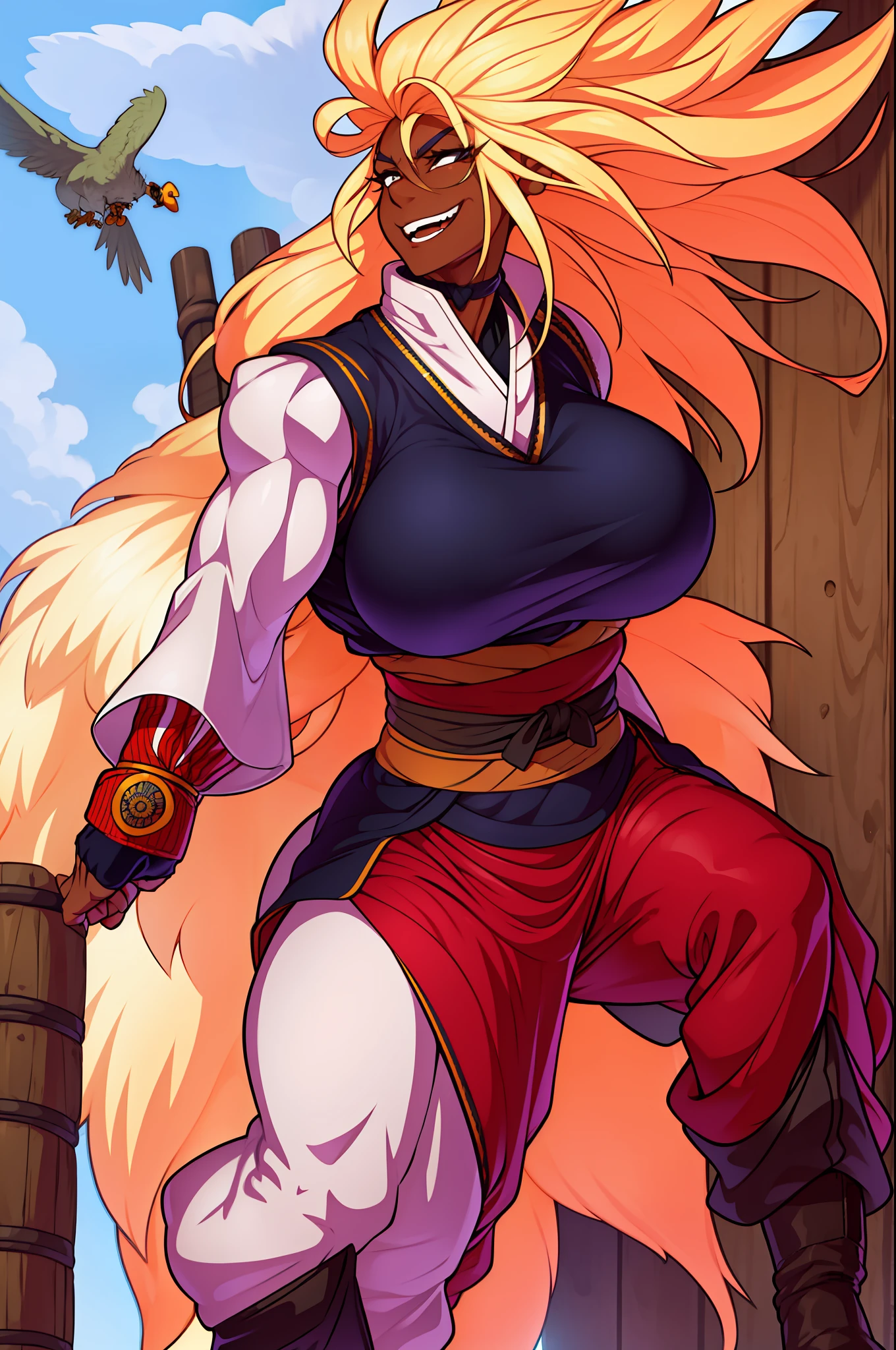 muscle girl,huge breast,, tall female, ,pants, solo focus, 1character, portrait full body,dark skinned female, , vest, coat, walking, medieval clothing, long hair, blond hair,, open mouth smile, kimono, martial art, angel girk