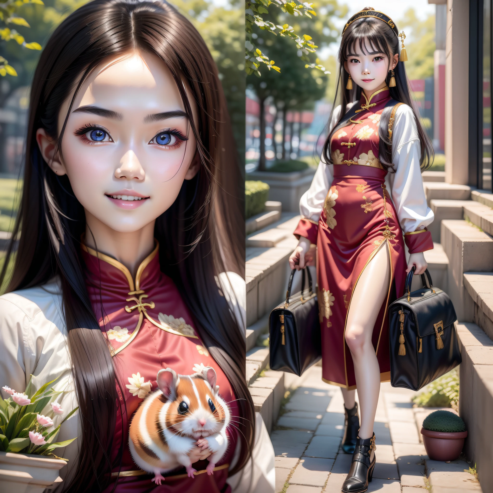 A Chinese girl, 18 years old, (holding hamster 1.3) (full body picture 1.2), beautiful eyes, real face, real skin, realistic face, realistic skin, detailed eyes, detailed facial features, detailed clothing features, (fashion hairstyle: 1.2) dynamic pose, simple background, smile, detailed face, double eyelids,