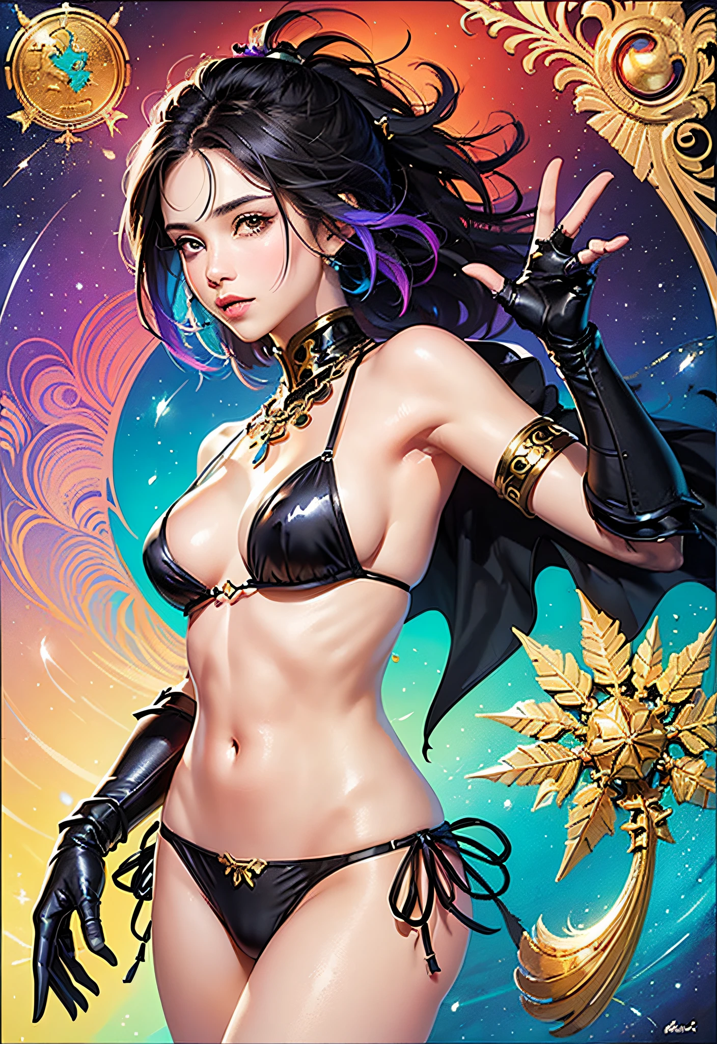(Masterpiece, Top Quality, Best Quality, Official Art, Beautiful and Aesthetic: 1.2), (1 Girl: 1.3), Very Detailed, (Fractal Art: 1.2), Colorful, Best Detailed, (Zentangle: 1.2), (Dynamic Pose), (Abstract Background: 1.5), (Traditional Dress: 1.2), (Shiny Skin), (Many Colors: 1.4), (Colorful Hair Color)), Upper Body, ( String Micro Bikini Armor), (((Chiffon Translucent Colorful Underwear: 1.4)), Short Hair, ((Dreadlocks (Mega Hair)), Gauntlet, Gloves, Shoulder Armor, Black Gloves,