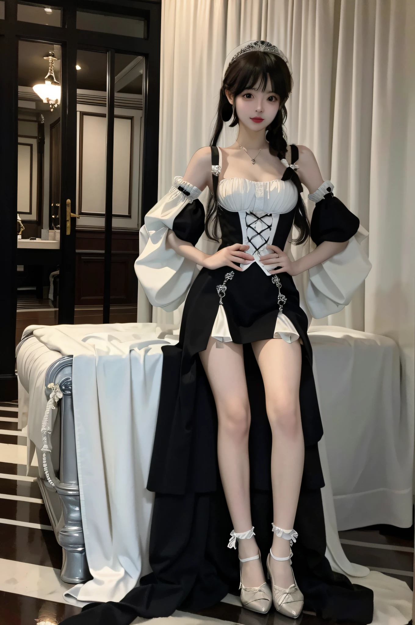 (Best Quality, High Resolution, Masterpiece: 1.3), A Tall and Beautiful Girl, A Loli, Slender Legs, Stand Position, Posing, Small White Shoes, Slender Abs, Silver-White Hair in Loose Wave Styling, Full Body, Ultra Wide Angle, Wrist Ornament, Breasts, Wearing Pendants,, Smile, Glamorous,(Black Maid Outfit), (Modern Architecture in the Background), Fair Skin, Beautifully Presented Details in Face and Skin Texture, Detailed Eyes, Double Eyelids