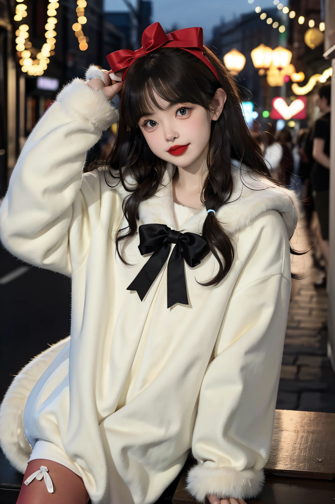(Extreme Beauty: 1.2) ,1girl, fashi-girl, bangs, blue eyes, blurred background, bow, brown hair, slender legs, shut up, from the side, hair between the eyes, bow, lantern, light particles, long sleeves, looking at the audience, medium hair, night, red bow, single, stars \ (symbol), upper body, smile, red lips