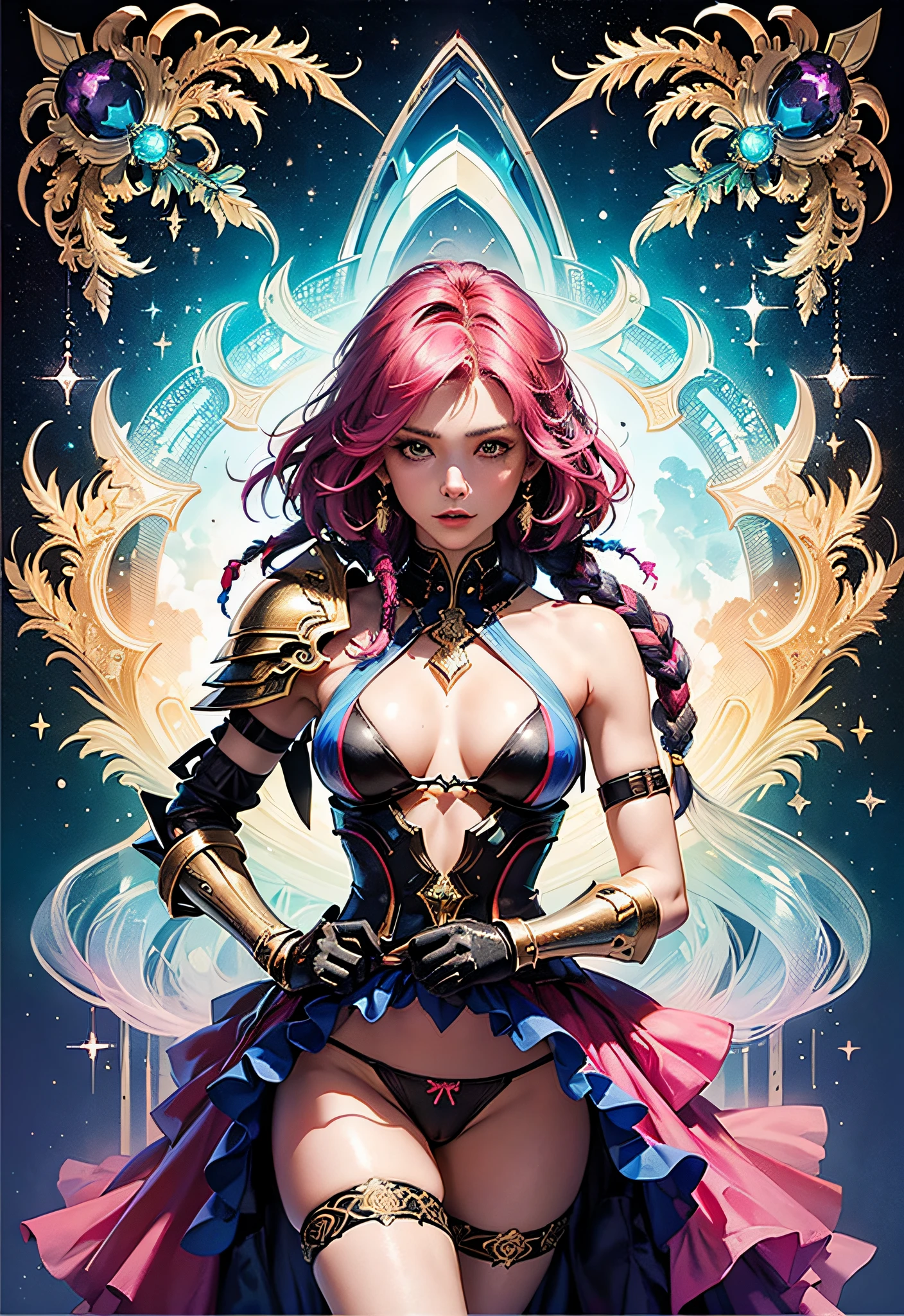 (Masterpiece, Top Quality, Best Quality, Official Art, Beautiful and Aesthetic: 1.2), (1 Girl: 1.3), Very Detailed, (Fractal Art: 1.2), Colorful, Best Detailed, (Zentangle: 1.2), (Dynamic Pose), (Abstract Background: 1.5), (Traditional Dress: 1.2), (Shiny Skin), (Many Colors: 1.4), (Colorful Hair Color)), Upper Body, ( String Micro Bikini Armor), (((Chiffon Translucent Colorful Underwear: 1.4)), Short Hair, ((Dreadlocks (Mega Hair)), Gauntlet, Gloves, Shoulder Armor, Black Gloves,