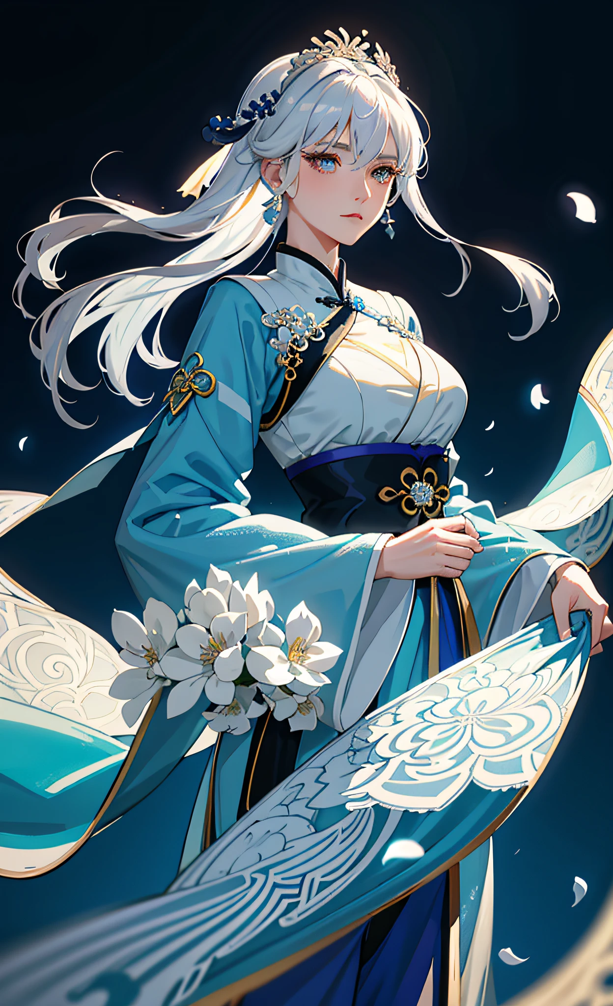 Mature girl, blue and white hair color, inner pick dye, floating hair, delicate and flexible eyes, intricate damask hanfu, gorgeous accessories, wearing pearl earrings, FOV, f/1.8, masterpiece, complex scene, petals flying, front portrait shot, Chang'e, side lighting, oversized breasts, sexy