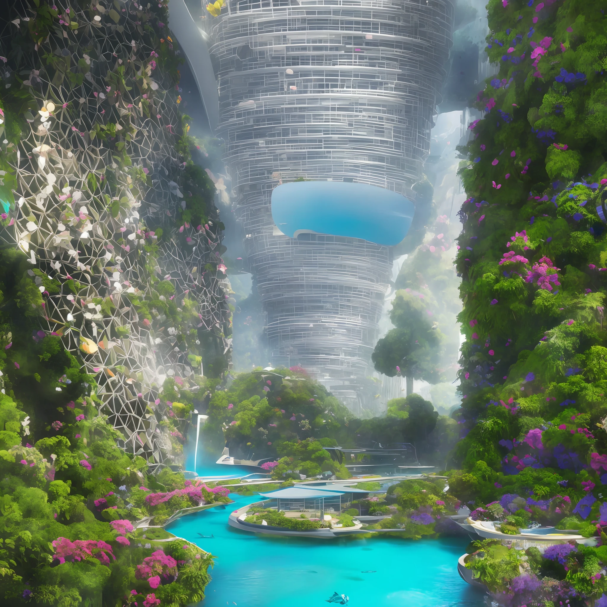Science Fiction, Cities modern futuristic design large underwater city, futuristic underwater cityscape, a artificial waterfall and a pond with colorful flowers in the middle, nature meets underwater architecture, built inside ocean, realistic beehive architecture, organic underwater architecture, Reality very close to real nature, breathtaking render,city with underwater forest , advanced civilization technology,stunning architecture, luxury architecture, realistic fantasy render, by Zha Shibiao, epic and stunning, architectural visualization, epic architecture, concept art. 8 k --auto --v6 --s2