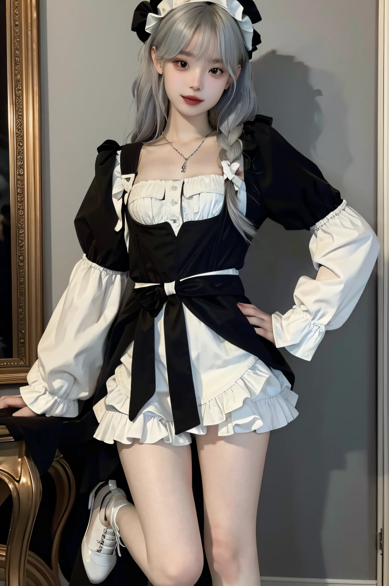 (Best Quality, High Resolution, Masterpiece: 1.3), A Tall and Beautiful Girl, A Loli, Slender Legs, Stand Position, Posing, Small White Shoes, Slender Abs, Silver-White Hair in Loose Wave Styling, Full Body, Ultra Wide Angle, Wrist Ornament, Breasts, Wearing Pendants,, Smile, Glamorous,(Black Maid Outfit), (Modern Architecture in the Background), Fair Skin, Beautifully Presented Details in Face and Skin Texture, Detailed Eyes, Double Eyelids