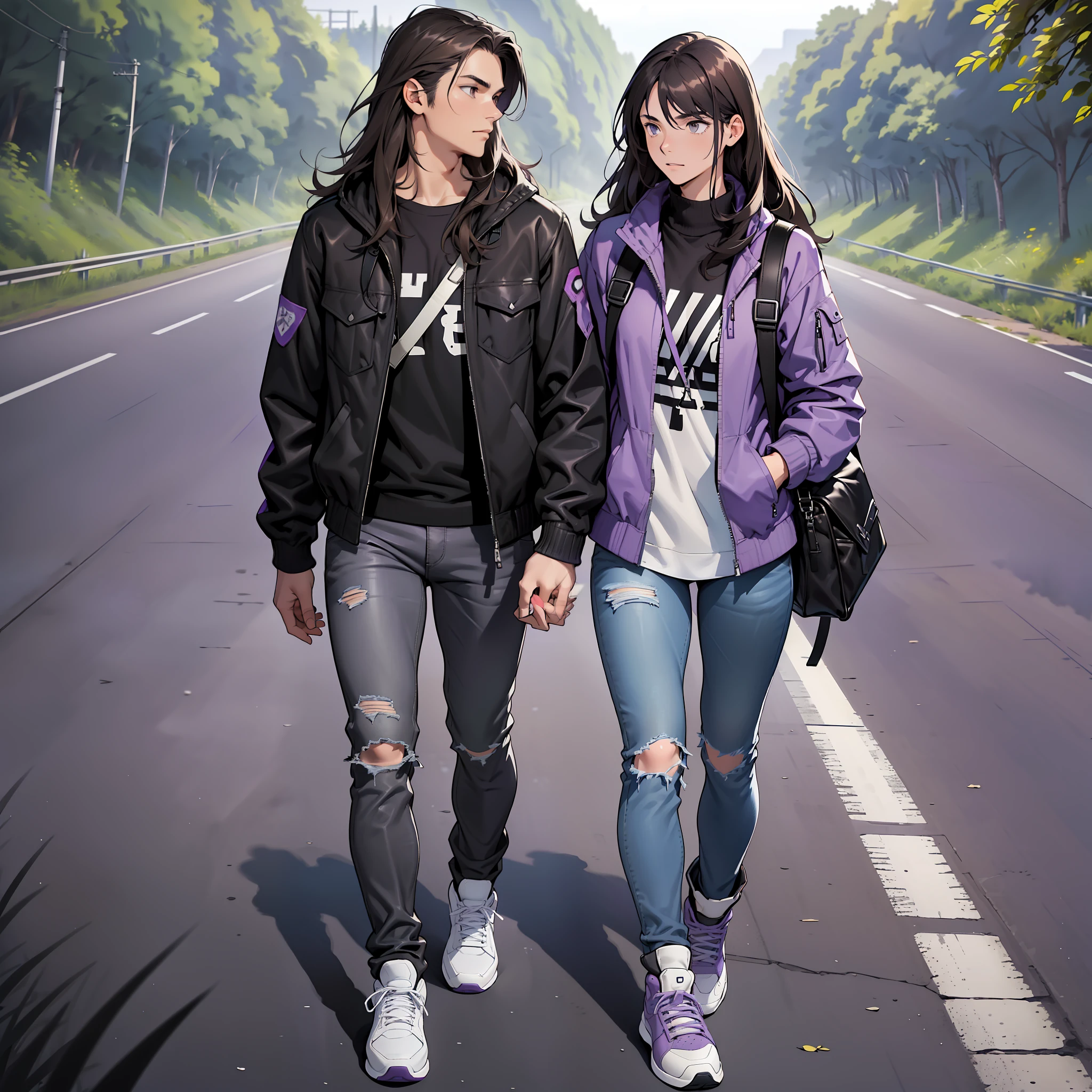 Two characters, (man, long brown hair, thin, black jacket, gray jeans, shoulder bag, black and white sneakers), (woman in purple jacket, black medium hair, blue jeans, purple boots, black backpack), walking along the road, highway, grass, forest, country road, motorway, expressway, hitchhiking, walking separately