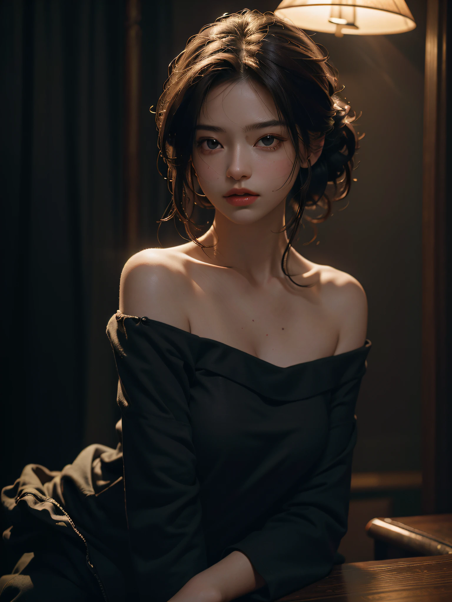 Best quality, masterpiece, ultra high res, (photorealistic:1.4), raw photo, 1girl, off shoulder, cinematic lighting