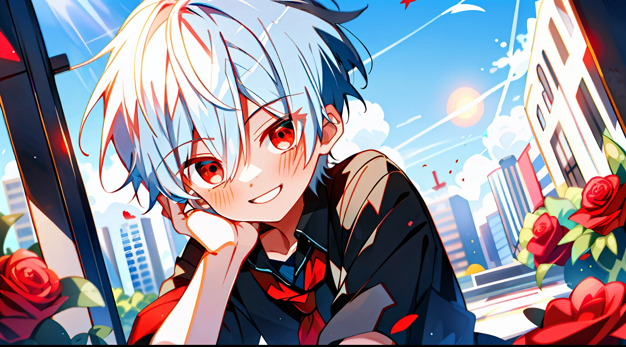 (high-quality, breathtaking),(expressive eyes, perfect face), 1boy, solo, short, young boy, short hair, white hair, red eyes, smiling, black school uniform, wear short shorts, urban setting, sunshine, blue sky, shine, glow, red roses.