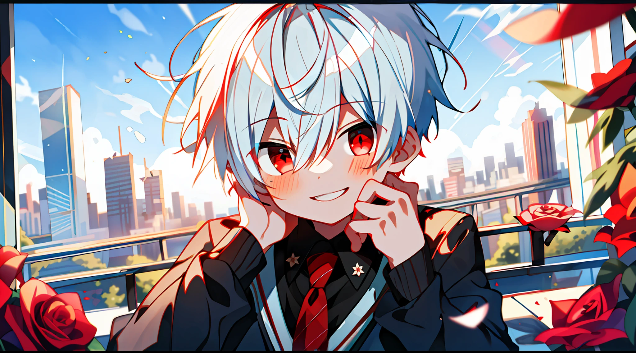 (high-quality, breathtaking),(expressive eyes, perfect face), 1boy, solo, short, young boy, short hair, white hair, red eyes, smiling, black school uniform, wear short shorts, urban setting, sunshine, blue sky, shine, glow, red roses.