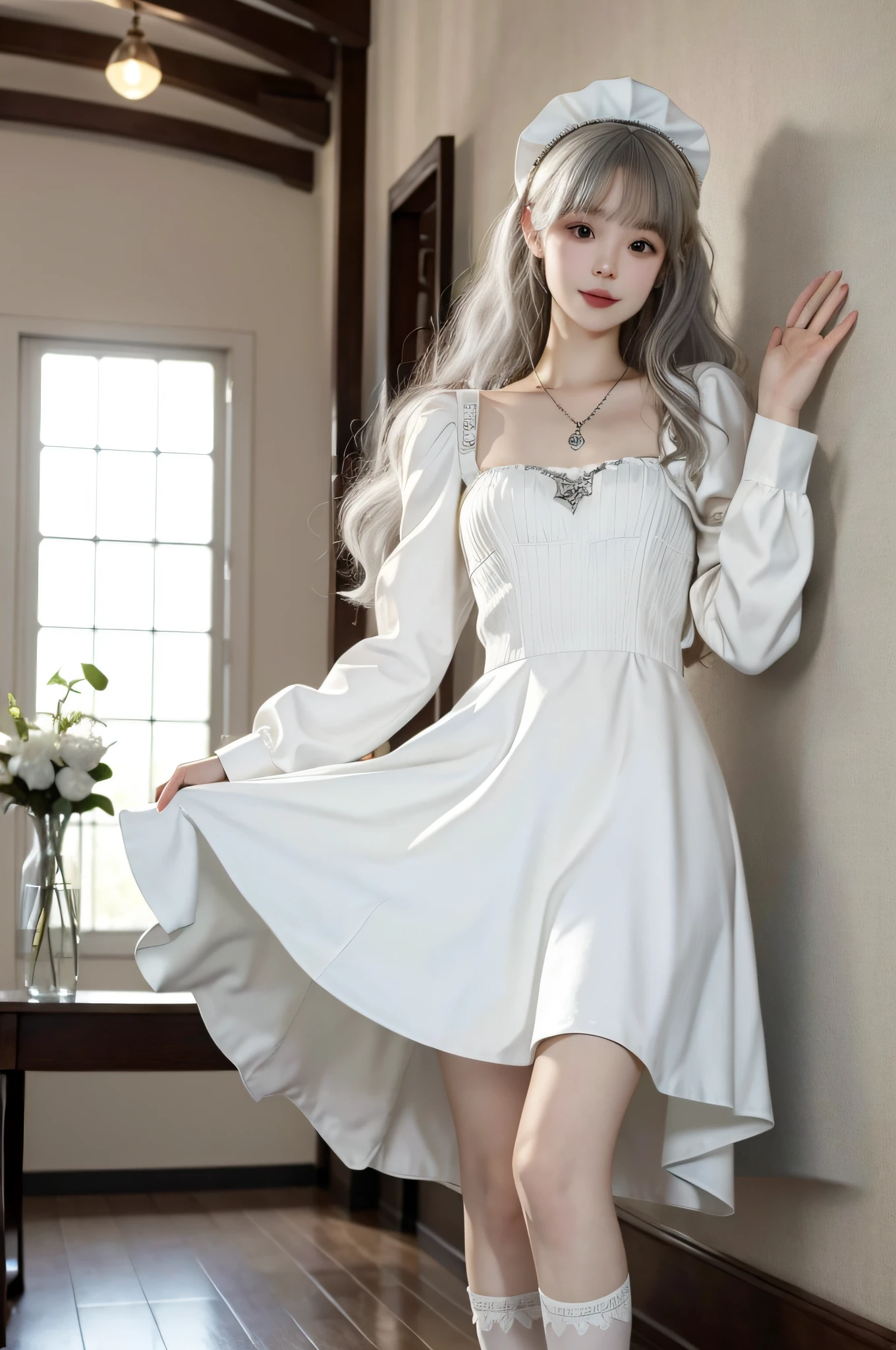 (Best quality, high resolution, masterpiece: 1.3), a tall and beautiful girl, a loli, slender legs, standing position, posing, small white shoes, slender abs, silver-white hair in loose wavy shape, full body, ultra-wide angle, wrist ornament, breasts, wearing pendants, , smile, charming, (white maid outfit), (modern architecture in the background), fair skin, beautifully presented details in face and skin texture, detailed eyes, double eyelids