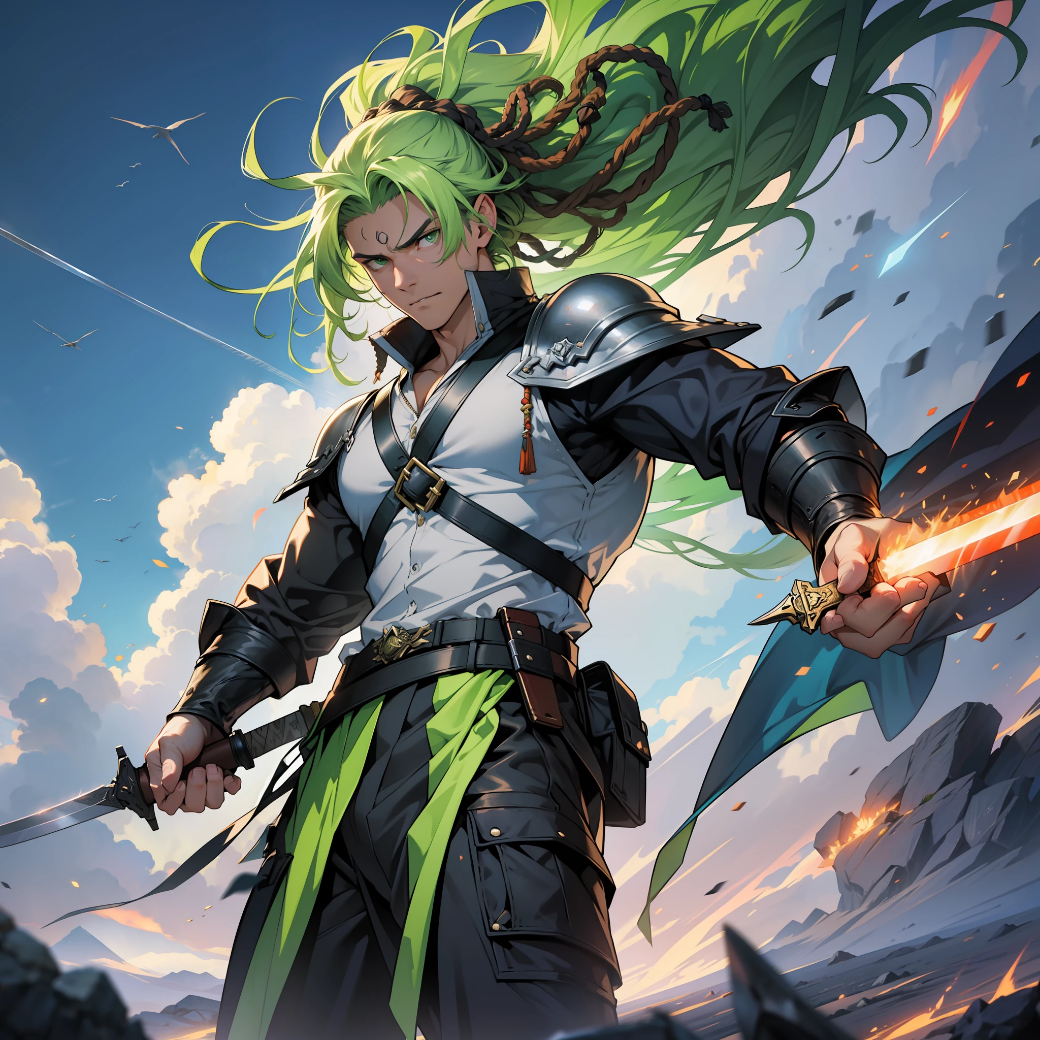 (The 24-year-old man:1,2) (with the sword he drew the weapon slowly1,3), as if making a declaration of war. (His large, green eyes:1,2) seemed to glow with the determination and anger emanating from him. (His green hair in dreads swayed in the wind:1,3), giving him a wild and imposing air. A powerful aura emanated from him, as if he was about to explode at any moment. (It was in a brightly colored, beautiful setting), all in 4K, almost like a movie production. The realism was impressive and the feeling of being there was overwhelming. It was evident that he was ready to fight to the death if need be.