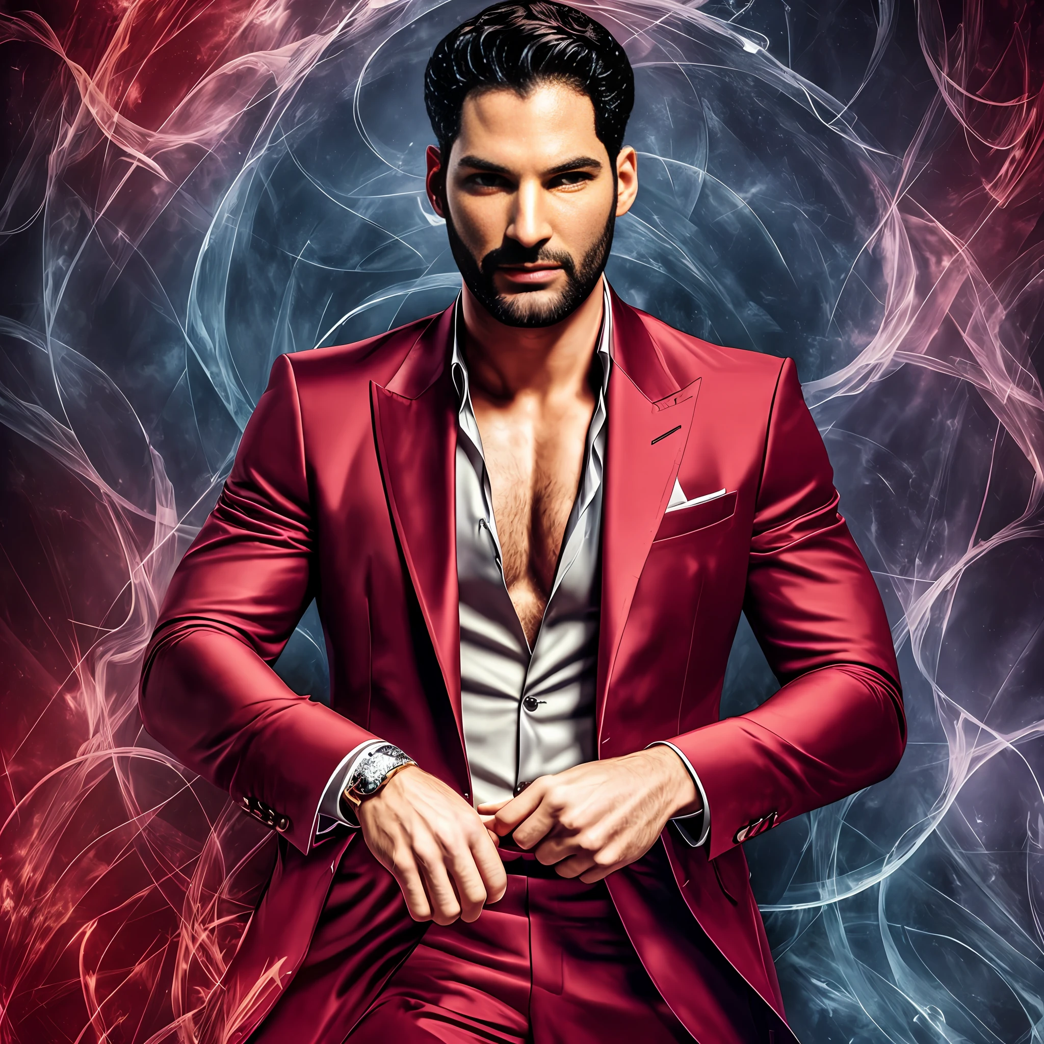 (masterpiece), ultra-detailed, high resolution, beautiful, Tom Ellis as Lucifer Morningstar, devilish charm, stylish, elegant, dark background, vibrant colors, intense emotions.