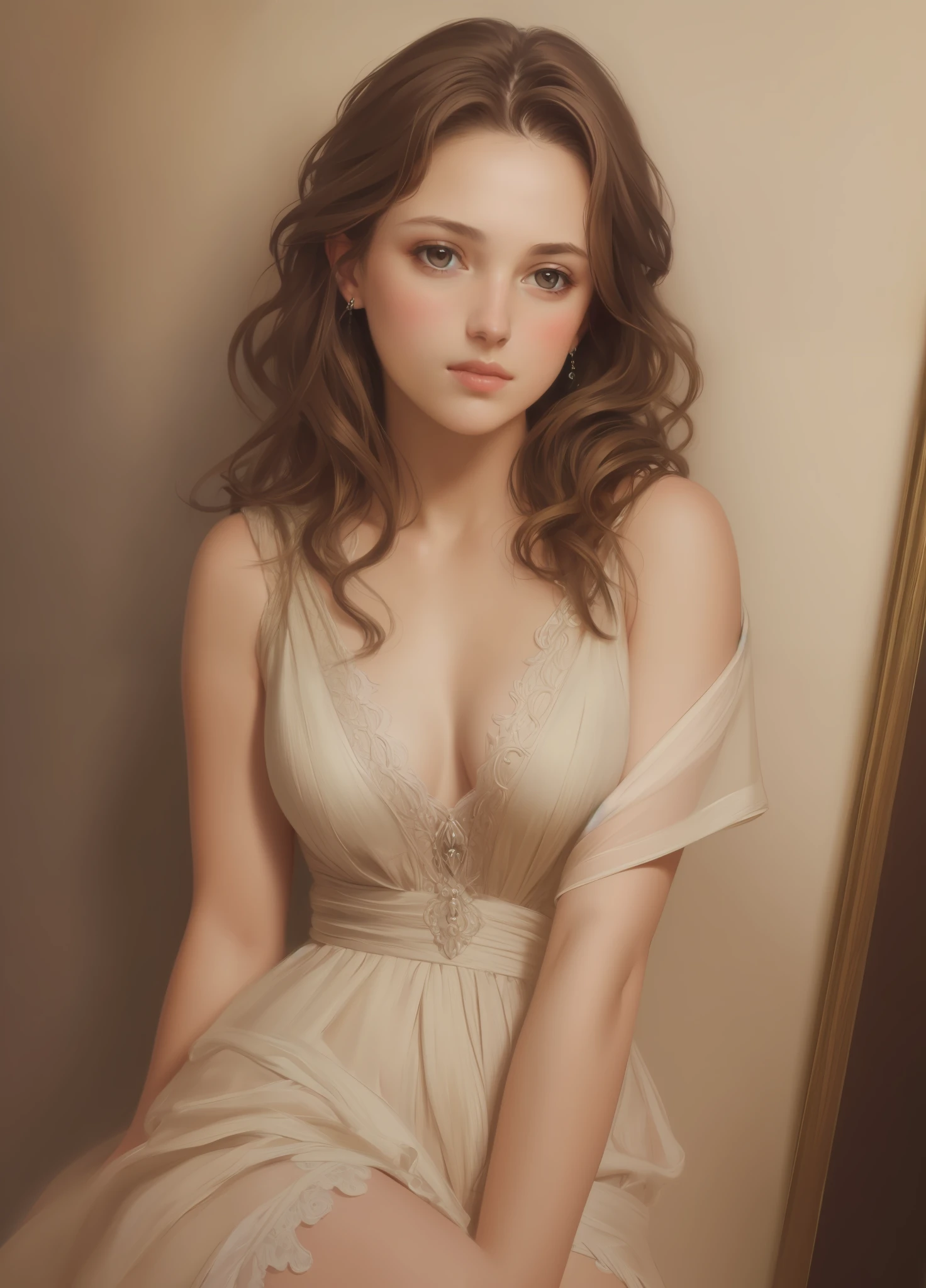 1girl, beautiful  girl, very small breasts, short wavy brown hair, portrait, oil painting, modern, realistic proportions, intricate, intricate details, sharp focus