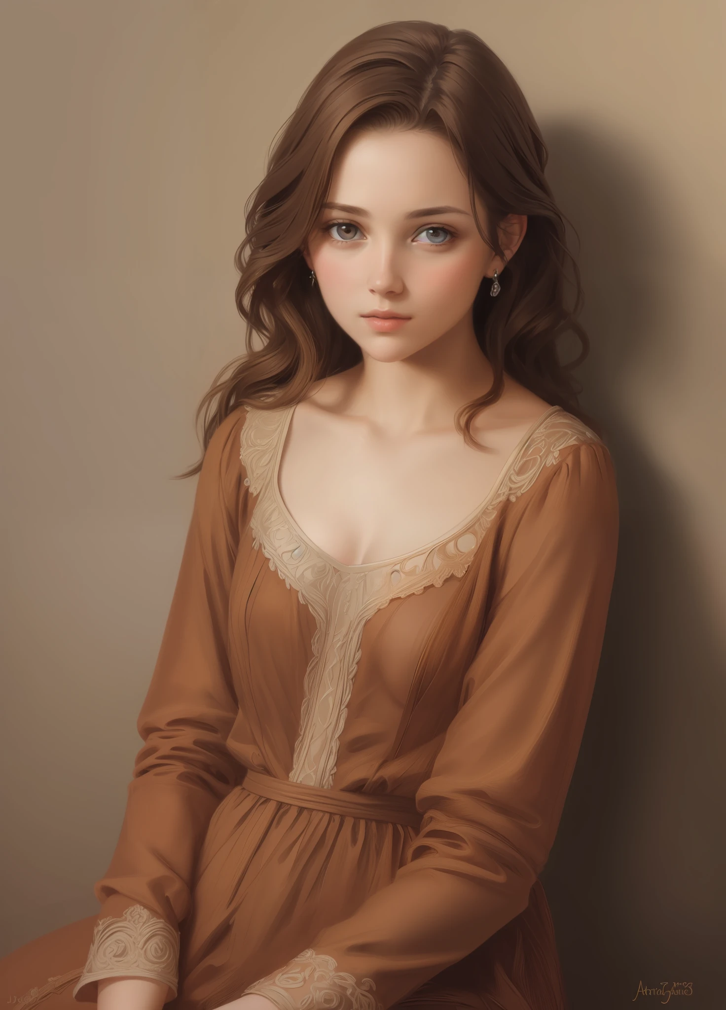 1girl, beautiful teenage girl, very small breasts, short wavy brown hair, portrait, oil painting, modern, realistic proportions, intricate, intricate details, sharp focus