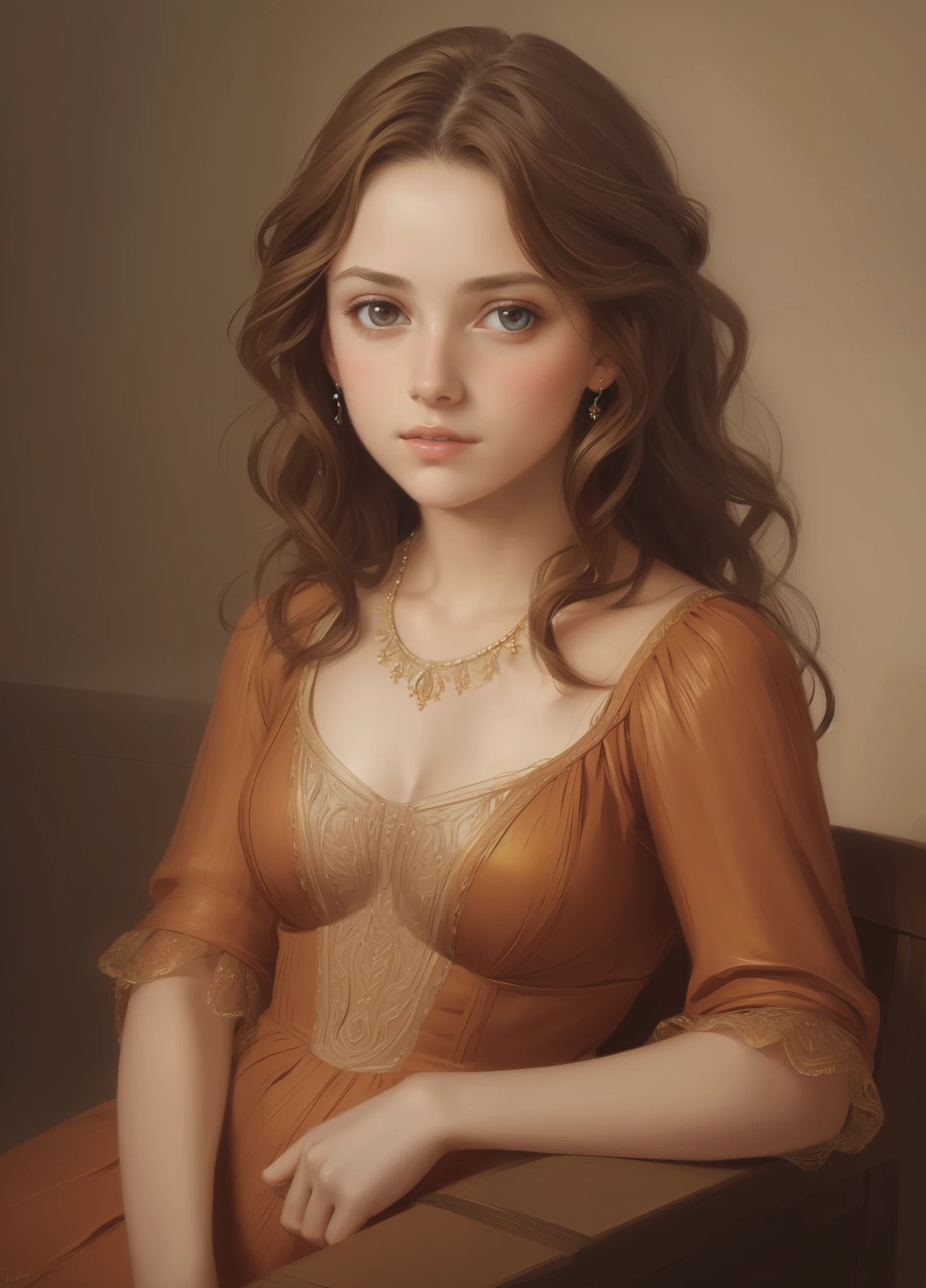 1girl, beautiful teenage girl, very small breasts, short wavy brown hair, portrait, oil painting, modern, realistic proportions, intricate, intricate details, sharp focus