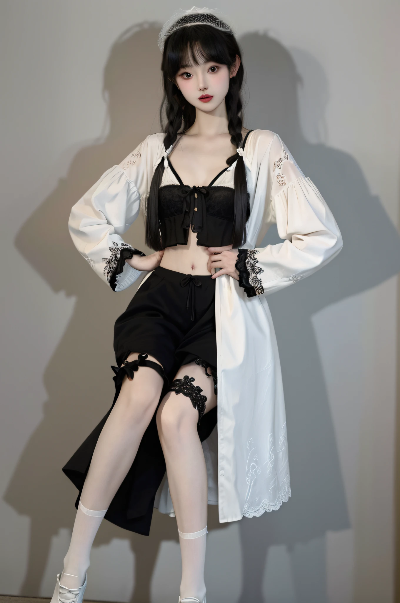 ((Top quality, 8k, Masterpiece: 1.3)), beauty, hidden face, 1 girl, beauty: 1.3, slender abs: 1.1, slender legs, small white shoes, black lace pajamas, standing posture, long white hair, (standing), ultra-detailed face, highly detailed lips, detailed eyes, double eyelids