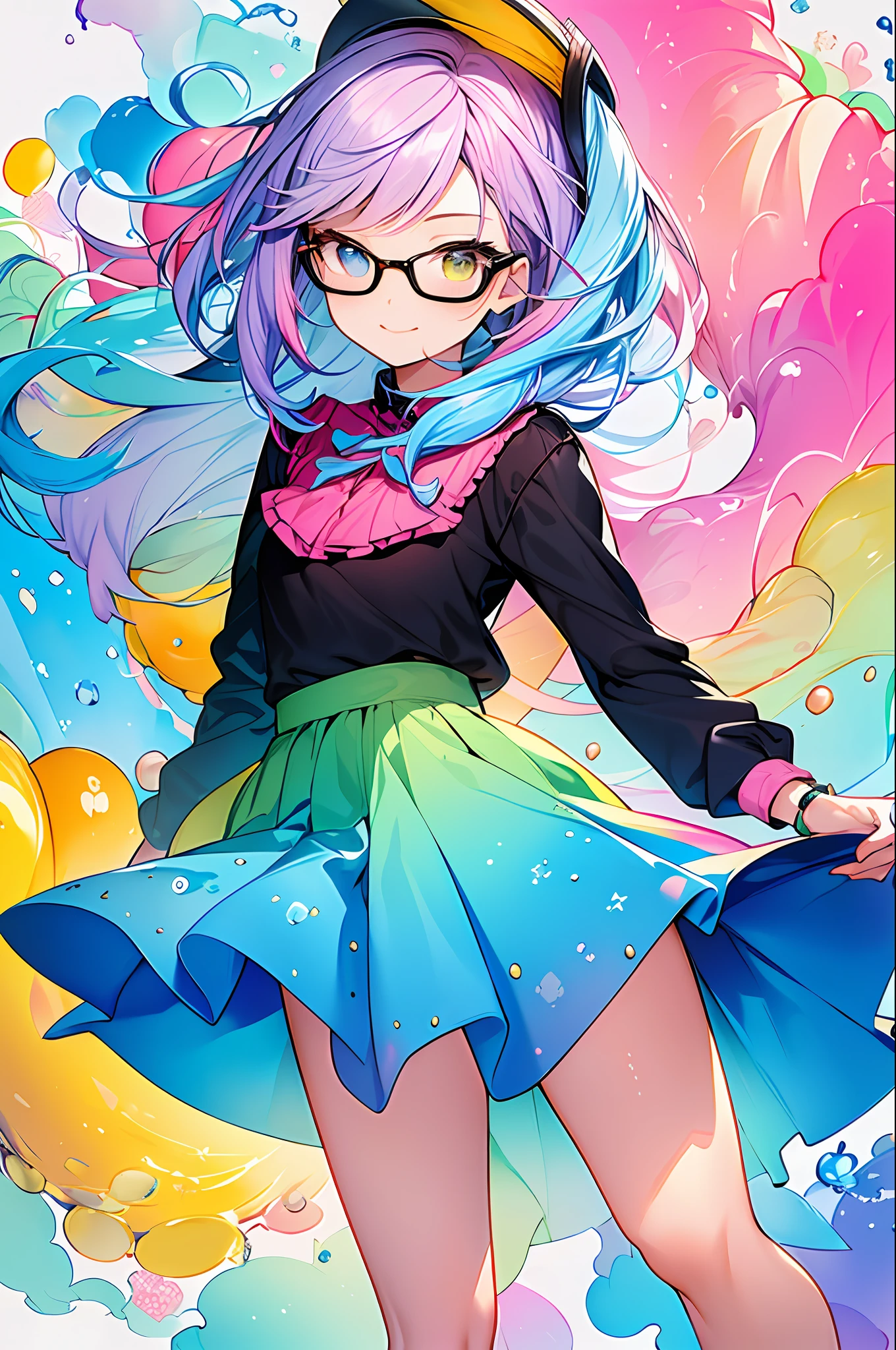 (Masterpiece, Top Quality, Best Quality, Watercolor (Medium), Official Art, Beautiful and Aesthetic: 1.2), (1 Girl: 1.3), (Fractal Art: 1.3), Full Body), Pattern, (Iridescent Hair, Colorful Hair, Half Blue and Half Pink Hair: 1.2), Clouds, Colorful, Smile, Glasses, Close-up, Heterochromia, (Colorful: 1.5), (Shy Face), (((Full Back)), ((Detailed background)), ((Skirt flips))