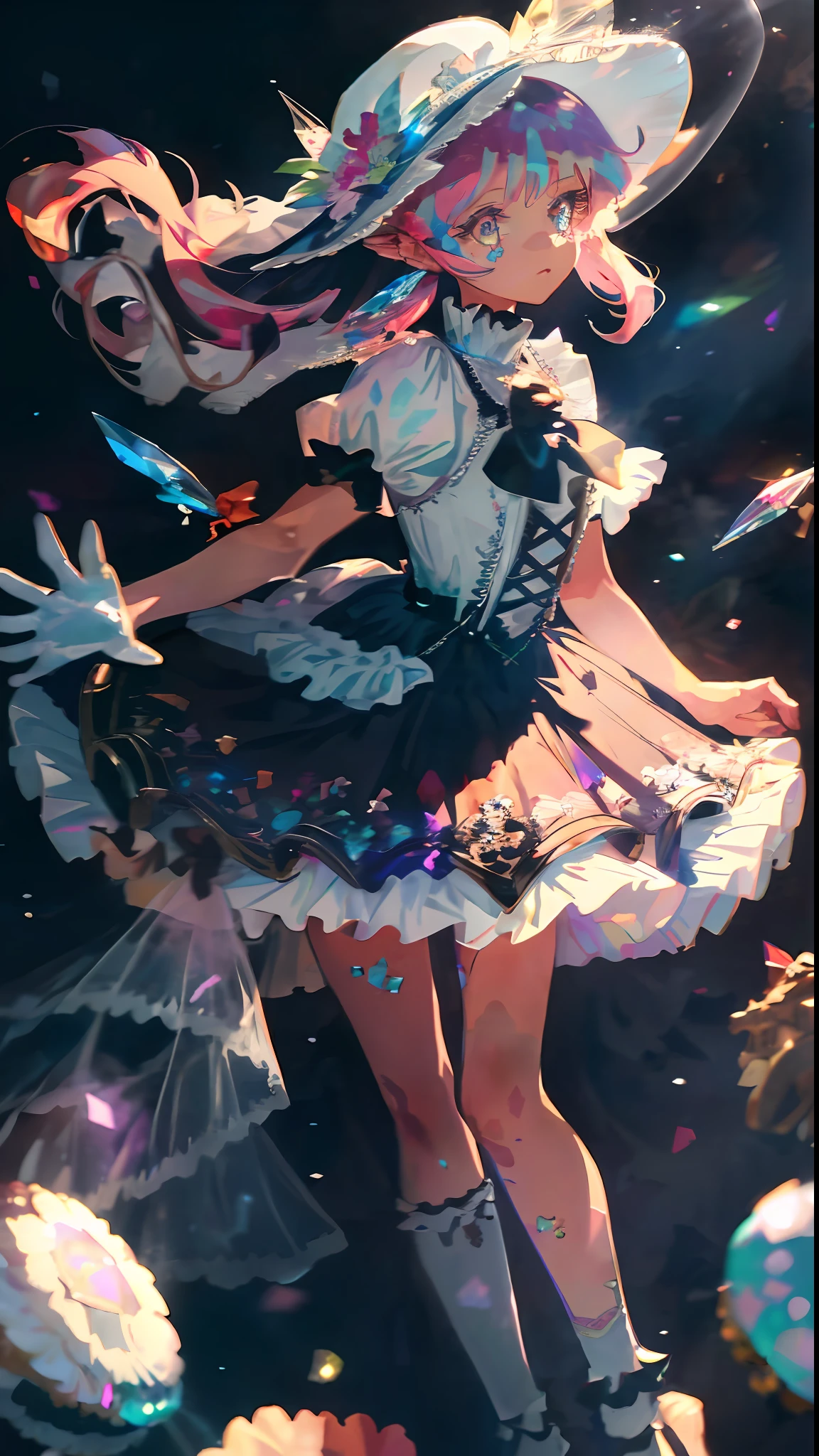 1girl, extreme detail, ta, loliashion, frills, intricate and gorgeous, gloves, afternoon tea, ponette hat, curly hair, macarons, cream, colorful, gradient dye, candye, shiny crystal, shiny, light particles, dynamic pose, dramatic composition, candy hair accessories, colorful skirts, pearls, flowers, embroidery, gem-encrusted, flat chest, gauze skirt with broken diamonds, flying, jumping, veil, transparent blouse, lace gloves, delicate portrayal of face, full body, Full body, Opal-like eyes