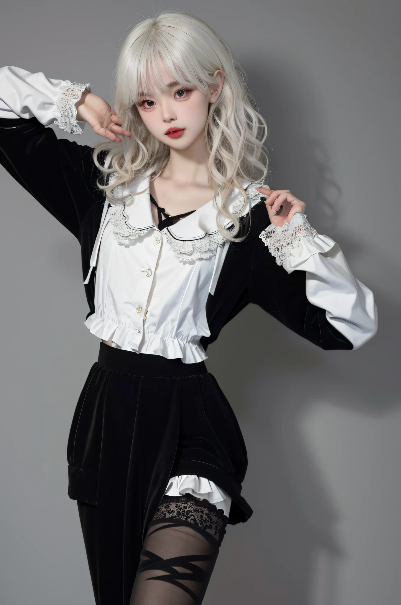 ((Top quality, 8k, Masterpiece: 1.3)), beauty, hidden face, 1 girl, beauty: 1.3, slender abs: 1.1, slender legs, small white shoes, black lace pajamas, standing posture, long white hair, (standing), ultra-detailed face, highly detailed lips, detailed eyes, double eyelids