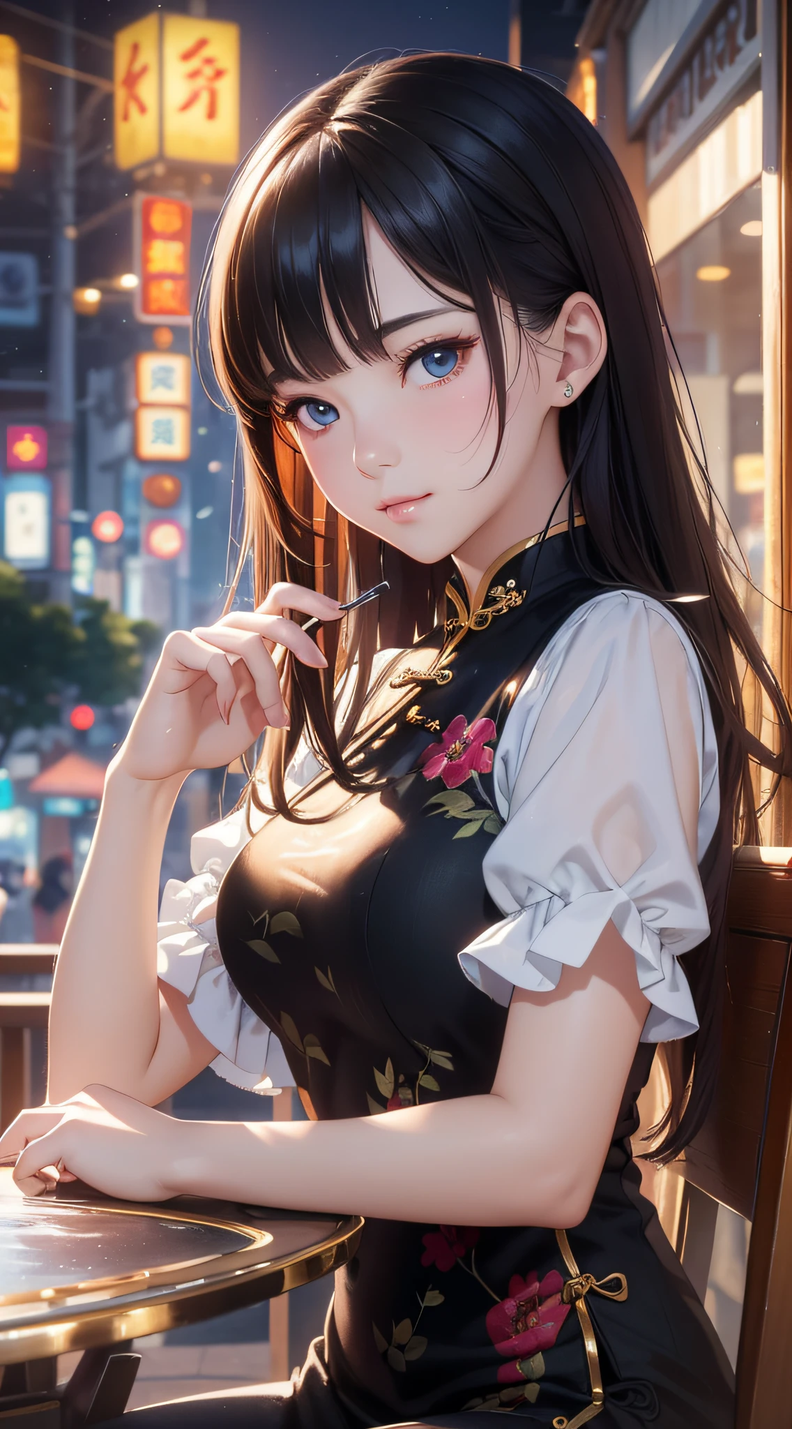 (close-up of painting style, ultra-high-definition 8K, masterpiece-level CG wallpaper), movie-level lighting, cute girl, exquisite and beautiful face, dream eyes, cheongsam, sitting on the seat of the outdoor restaurant, beautiful posture, fashion illustration.