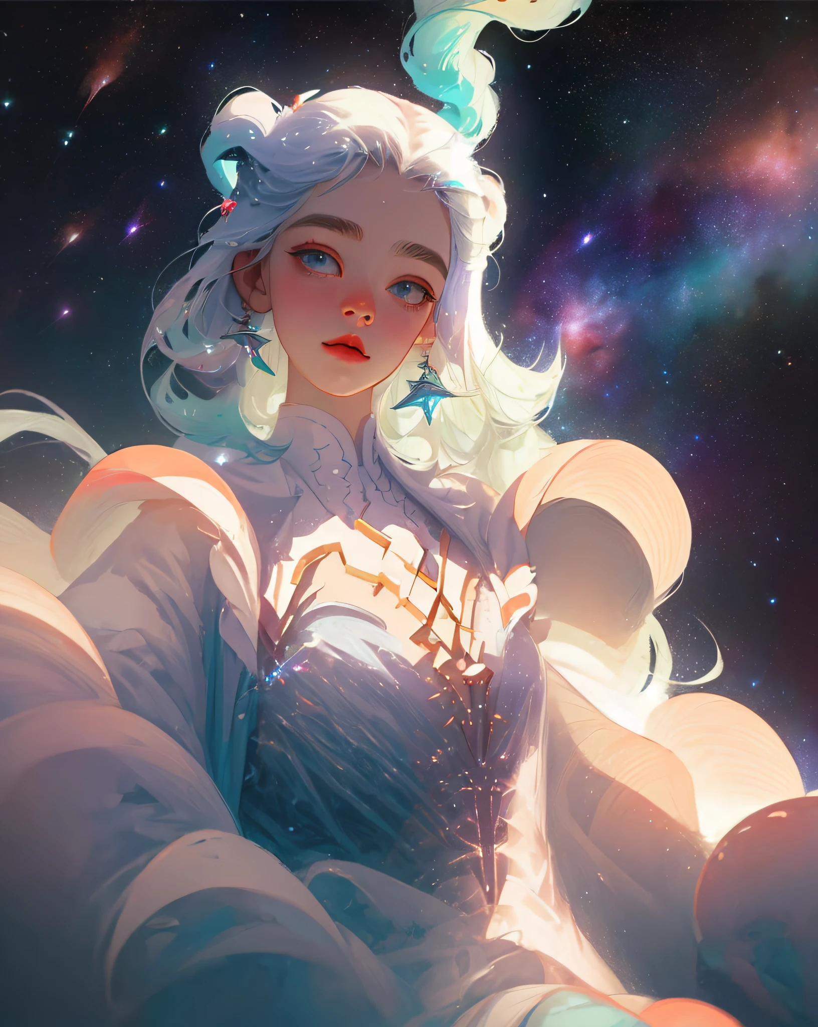 celestial goddess, floating, clouds,galaxy,nebula