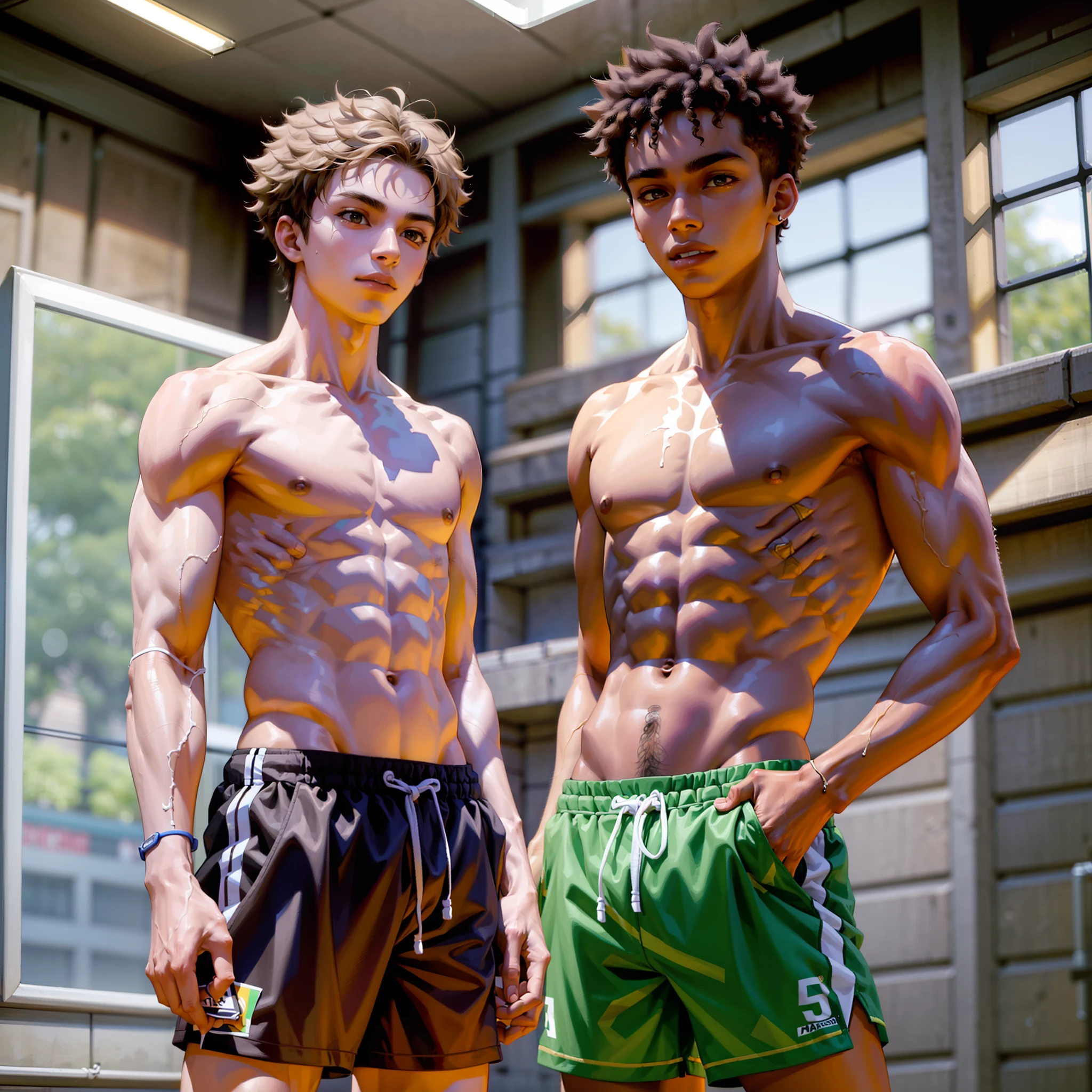 Two boys, Brazilian, Interracial, athletes, fitness, calisthenics, passing competition oil on each other, wearing shorts, thin defined, shirtless, ager, 1 5 yo, thin, natural lighting, dark lighting, grainy, filmg4, Faces different from standard, shorts without shoelaces