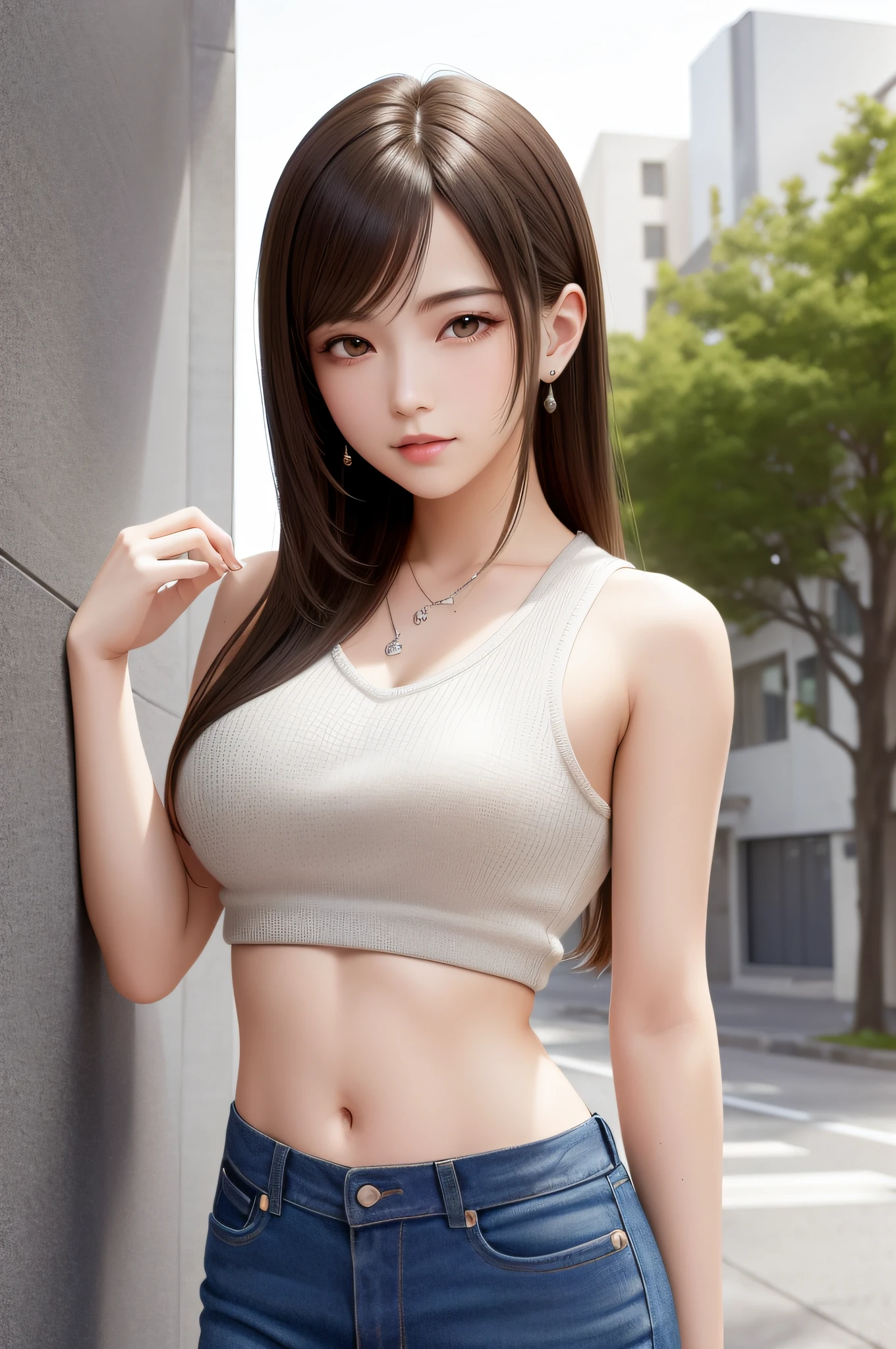 (Top Quality, Masterpiece: 1.1), (Real: 1.4), BREAK (((FF7))) (((Tifa))),solo,1girl,((Light Brown Hair, Large breasts: 1.2)),(outside,park,date), BREAK (wearing bare shoulders sweater:1.2)(wearing jeans:1.2),(No Bra) (Small and beautiful hard nipple), clothed,(shiny oiled skin: 1.4), about 18 years old,