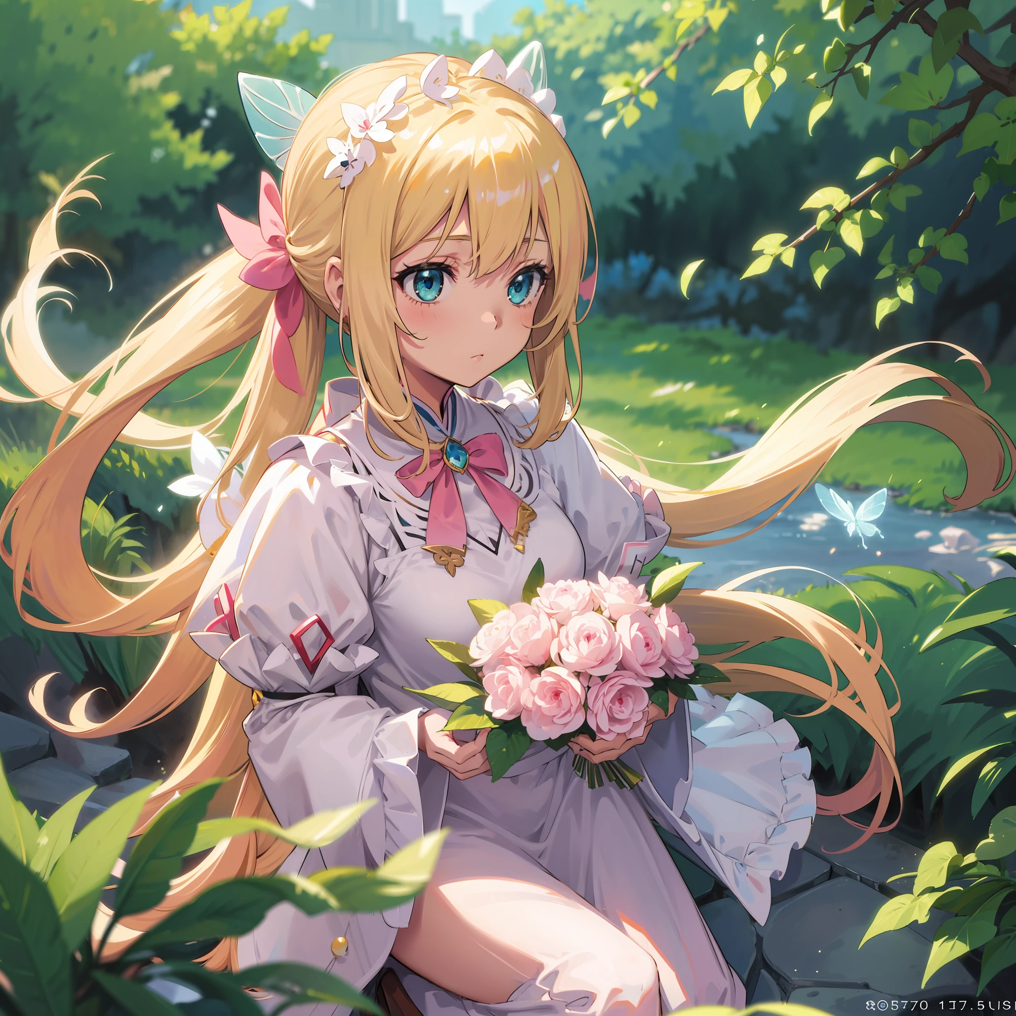 Masterpiece, best quality, portrait of a maiden, pink tail, green eyes, delicate eyes, intricate details, dressed in everyday clothes, blonde hair, well-preserved double ponytail, depth of field, avatar, purity, delicate blue butterfly hair ornaments on the head,