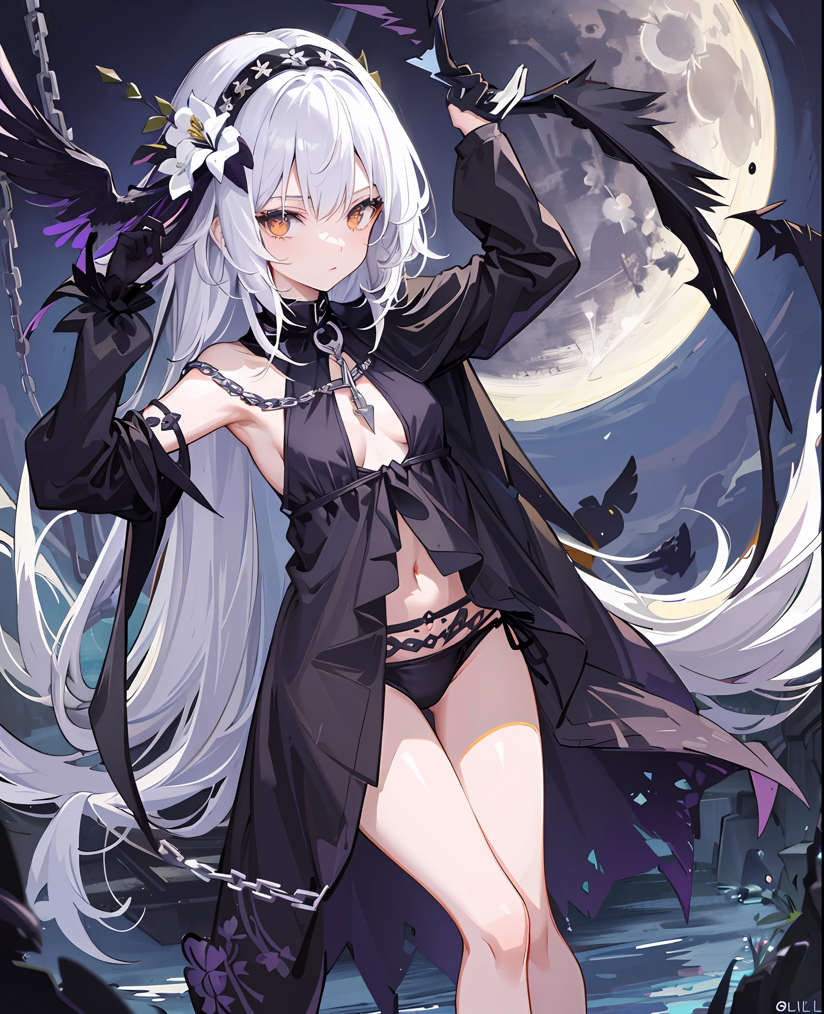 (Masterpiece), (Best Quality), Omnipotent, Full Moon, (Blackleg Decoration), 1girl, (Raven), White Chain, Ruins, 1gir, flower, flowd_flood, floud_moon, (crow), chain, ruins, 1gir, in flower, black_bikini, 1 girl in lace, navel,