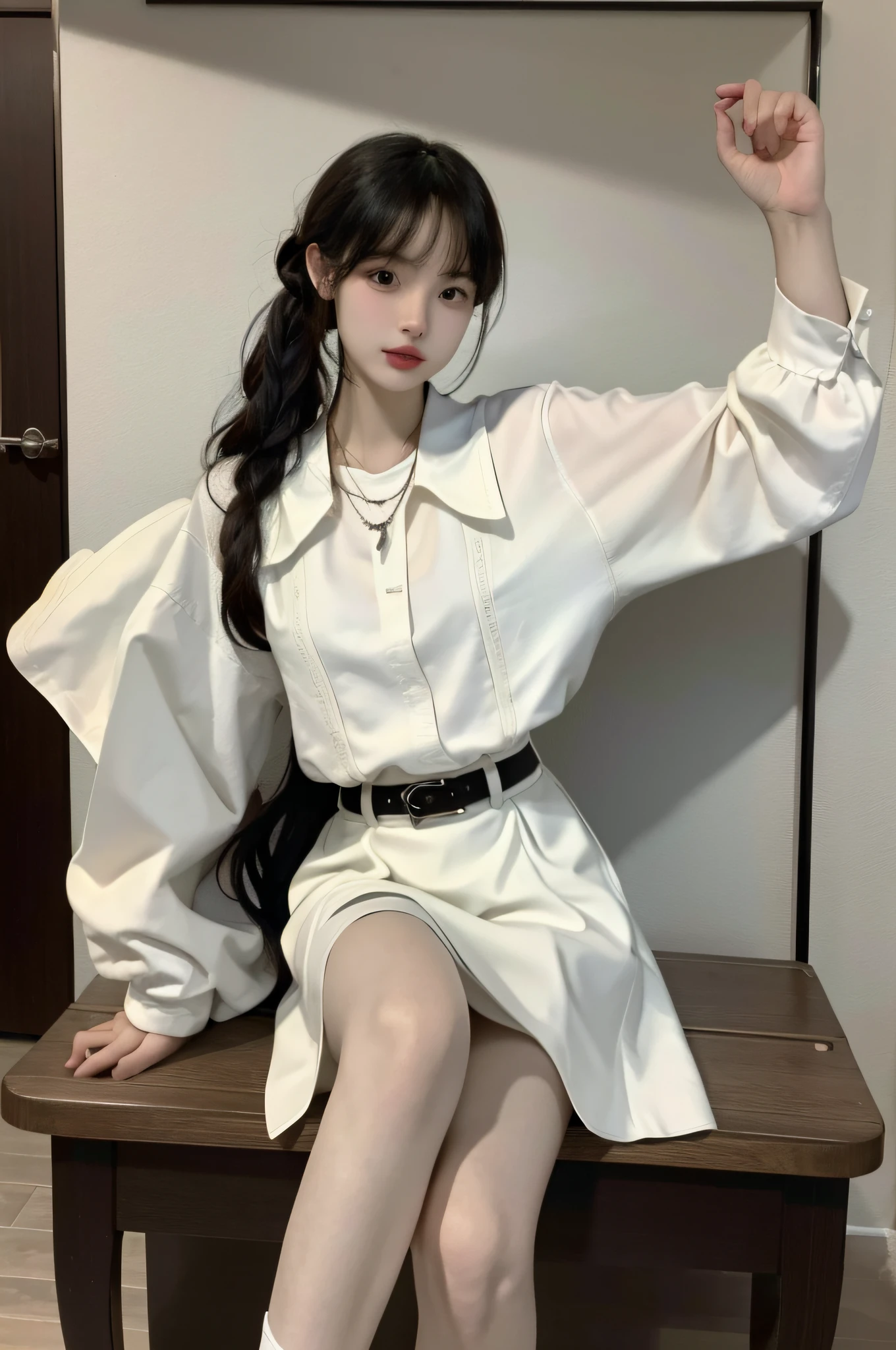 (Best quality, high resolution, masterpiece: 1.3), a tall and beautiful woman, slender legs, small white shoes, slender abs, dark brown hair in loose wavy shape, breasts, wearing a pendant, white buttoned shirt, belt, black skirt, (modern architecture in the background), face and skin texture in beautifully presented details, detailed eyes, double eyelids