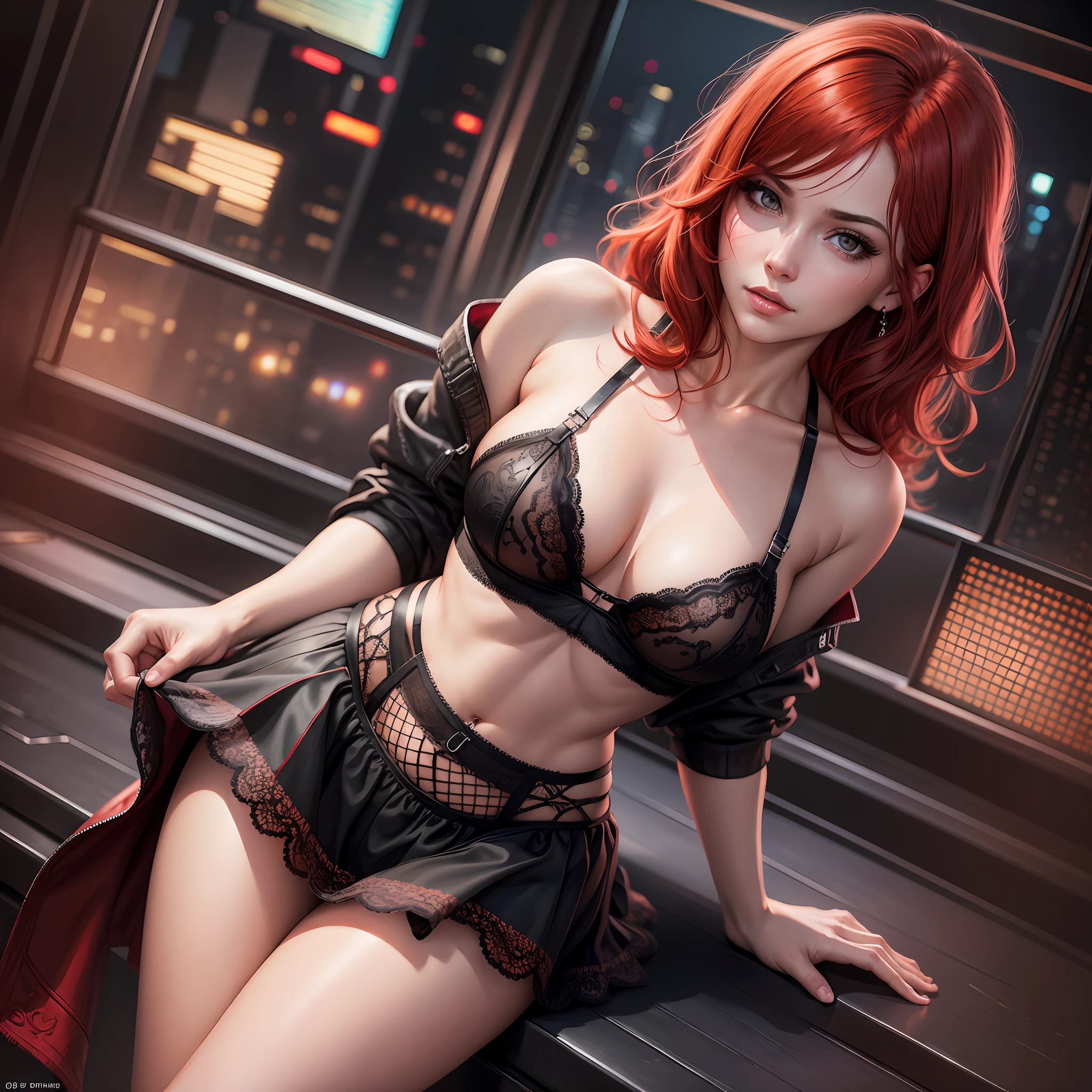 Real portrait, expressive look, HDR, highest quality, realistic style, realistic, beauty, short skirt, lingerie, nightclub, red hair, seduction --auto --s2