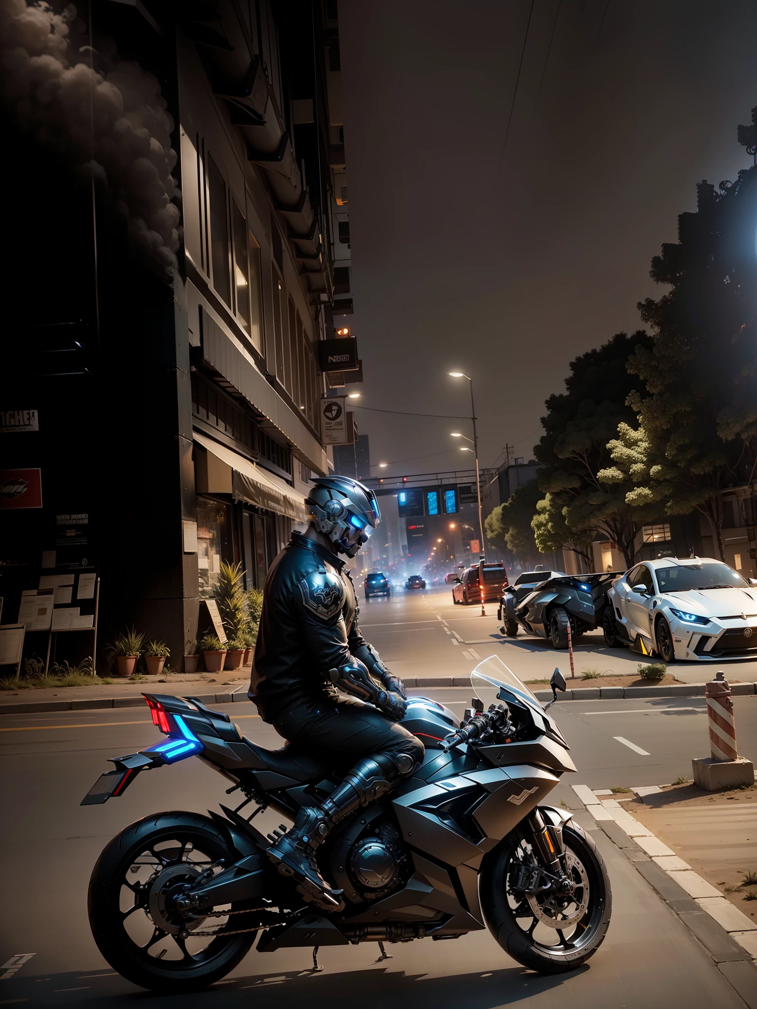 Cyber Warrior & Cybertech Mechanical Motorcycle, Mighty Male Warrior, Nousr, Biomechanics, MSHN Robot Man, Cybertech Full Surround Helmet, Surreal, Steel, Intricate Design, Crazy Detail, Fine Detail, Extremely Clear Lines, Cinematic Lighting, Photo Realistic, Detailed Masterpiece