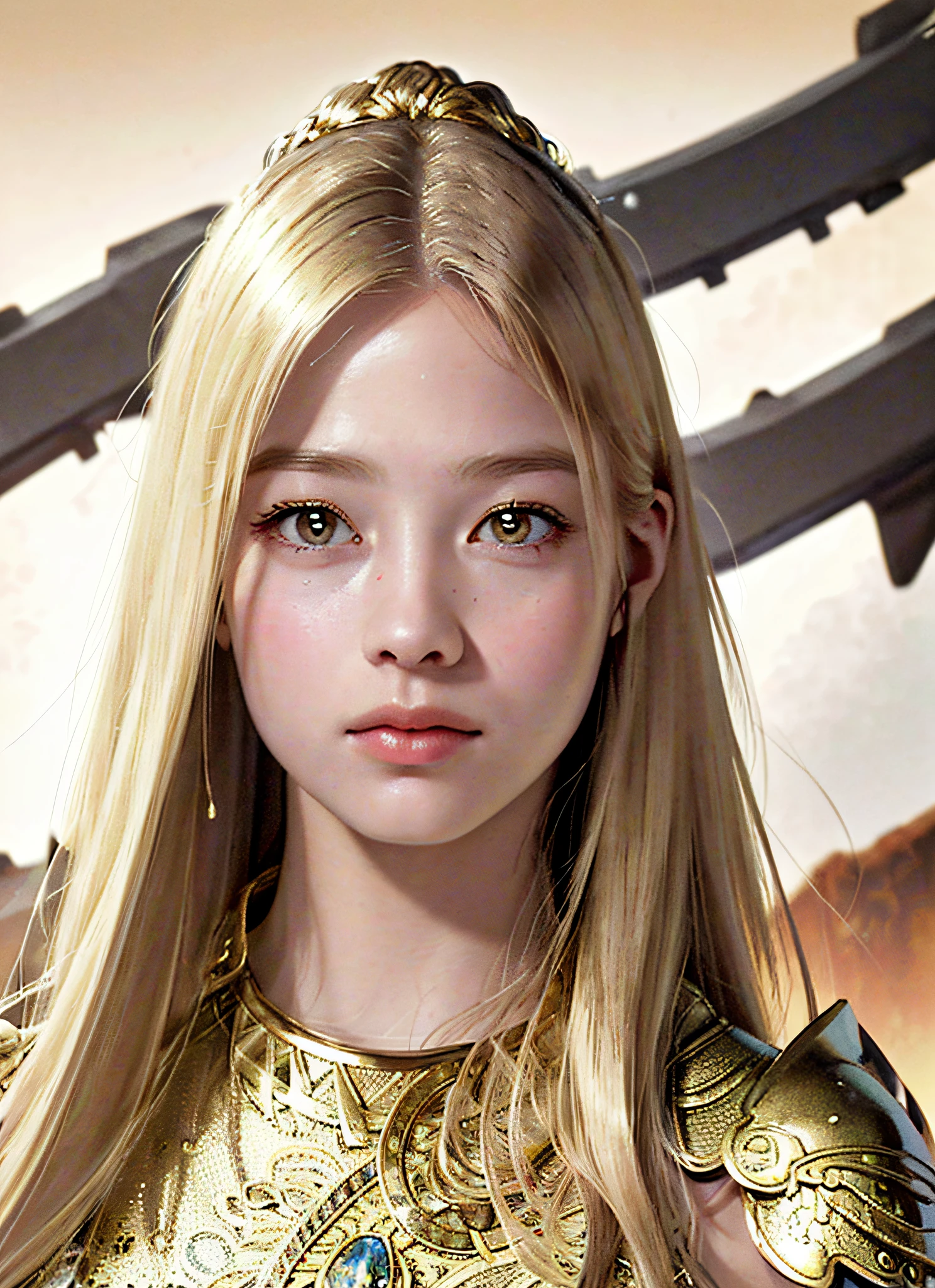 (Realistic, Portrait: 2.3), Complex Details, Big, Sexy Swimsuit, (Surreal), (Illustration), (High Resolution), (8K), (Very Detailed), (Best Illustration), (Beautiful Detailed Eyes), (Best Quality), (Ultra Detailed), Intricate Detail Jewels (Detailed Women's Armor: 1.3), (Gorgeous Gold Armor: 1.3), 1 Girl, Solo, Long Hair, Wind, Gorgeous Face, Top Quality, Masterpiece, Maximum Detail, Diffused Lighting, (Blonde: 2.3), Valhalla Valkyrie, Mechanical Arm, Beauty, Facial Muscles