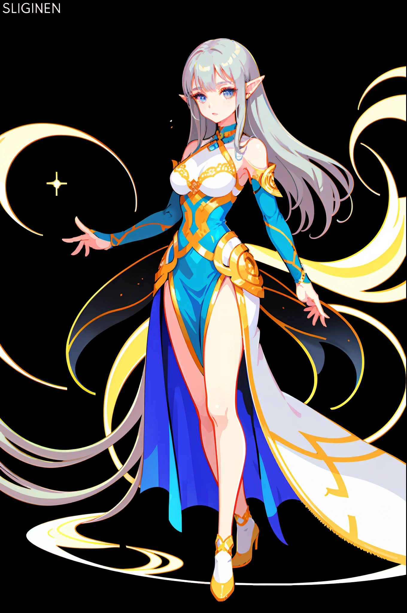 (Masterpiece, highest quality) galaxy fantasy brilliant flash, 1 girl long skirt flowing, particle effect, flowers all over the body, simple and deep background, silver-haired elf woman, gorgeous and exquisite details of clothing.