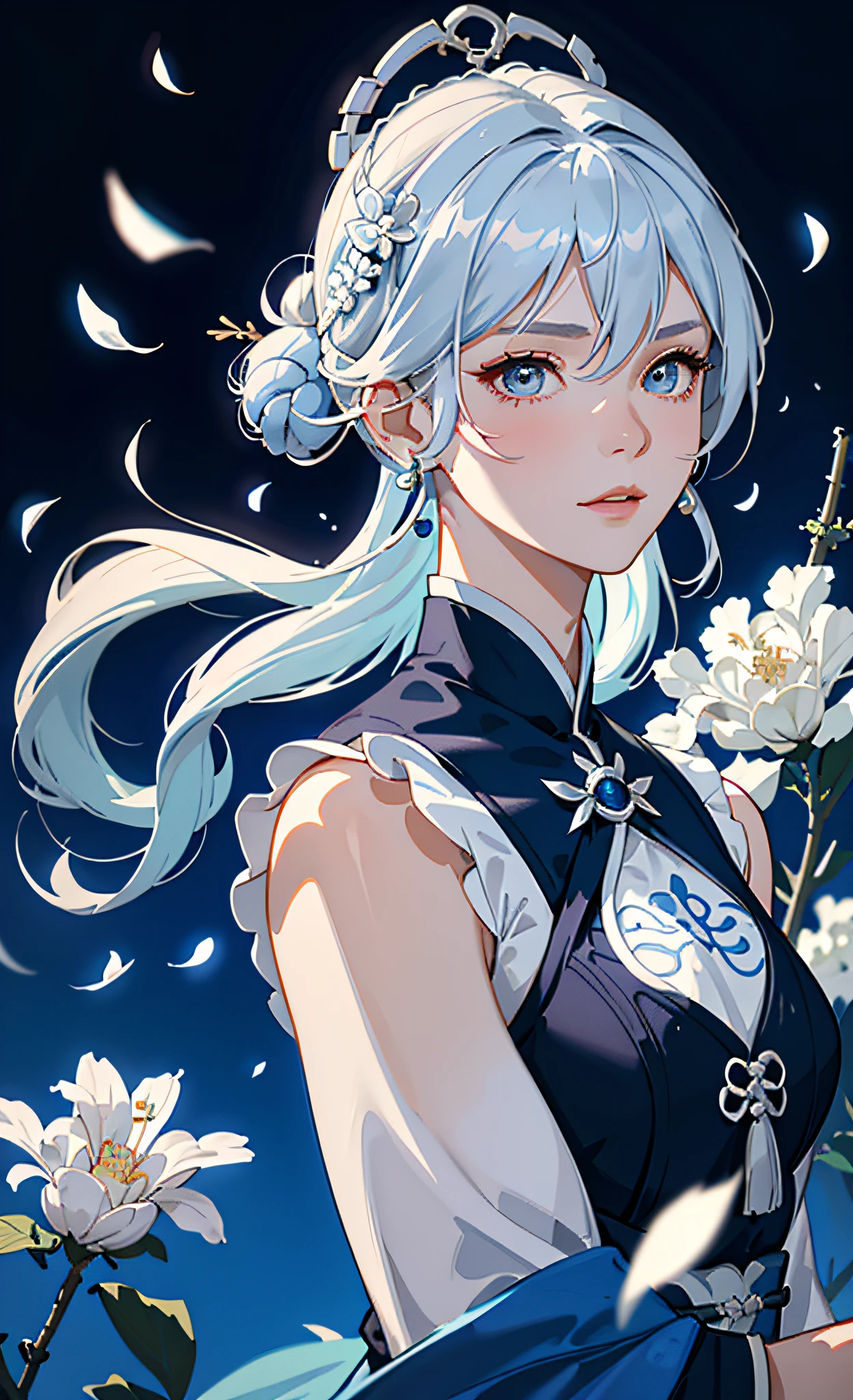 Mature girl, blue and white hair color, inner pick dye, floating hair, delicate and flexible eyes, intricate damask hanfu, gorgeous accessories, wearing pearl earrings, FOV, f/1.8, masterpiece, complex scene, petals flying, front portrait shot, Chang'e, side lighting, oversized breasts, sexy