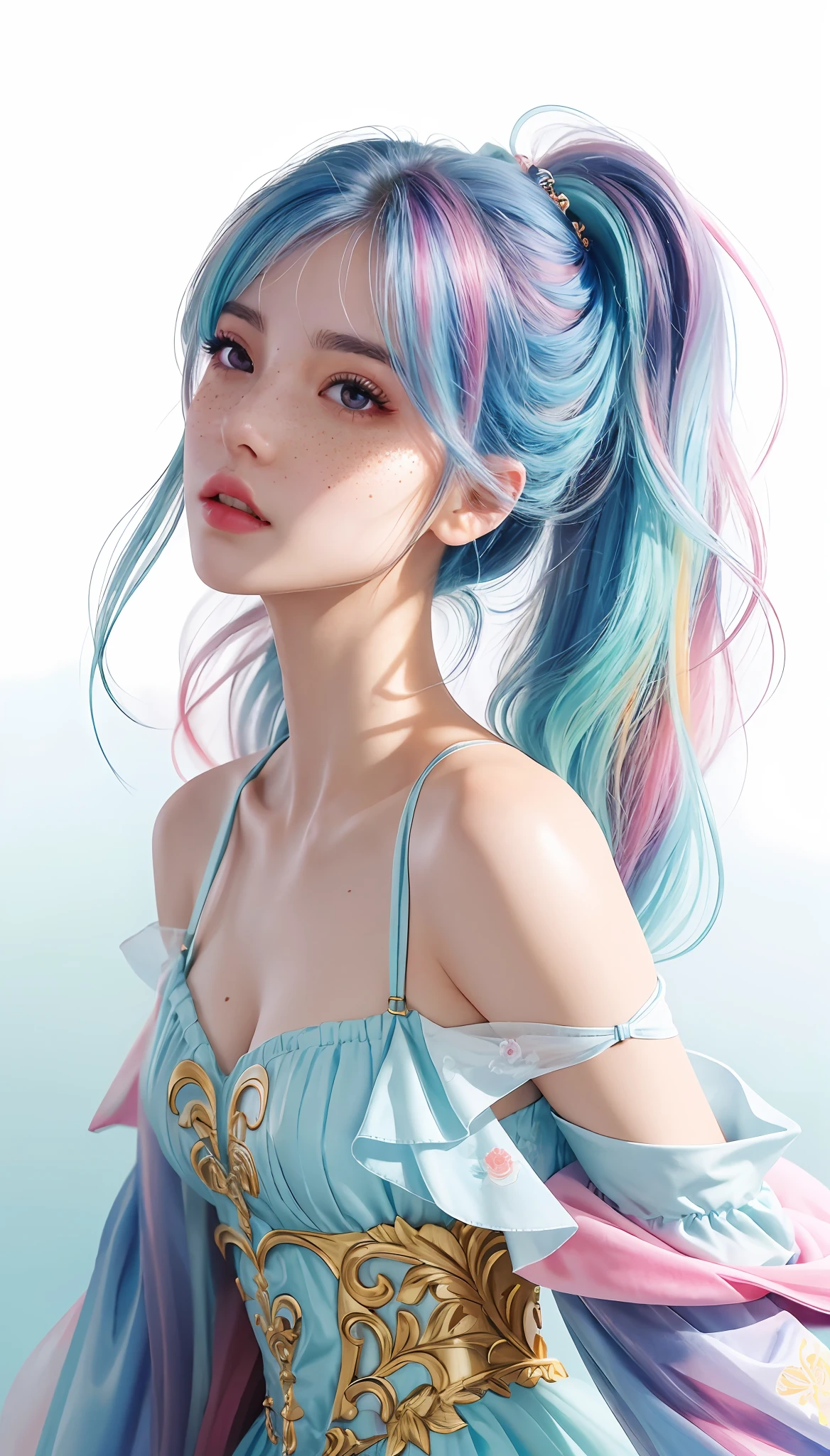 ((ultra detailed)),((Bright eyes)), (Detailed eyes) , 8k, blink blink, (The Little Faux Freckles Makeupgirl), ((realistic skin)), ((focus detailed 2 straps on the shoulders of dress)) , ((shiny facial skin)), with colorful hair and a colorful dress, rossdraws pastel vibrant, rossdraws cartoon vibrant, style anime 8k, beautiful portrait, artgerm colorful!!!, ! dream artgerm, beautiful anime girl, styled digital art, art wallpaper 8k, digital art, extremely detailed artgerm,