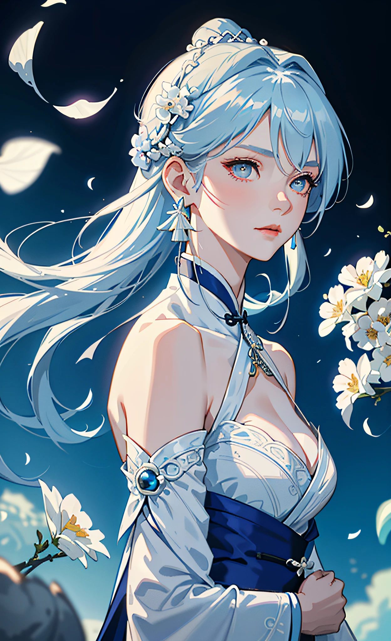 Mature girl, blue and white hair color, inner pick dye, floating hair, delicate and flexible eyes, intricate damask hanfu, gorgeous accessories, wearing pearl earrings, FOV, f/1.8, masterpiece, complex scene, petals flying, front portrait shot, Chang'e, side lighting, oversized breasts, sexy