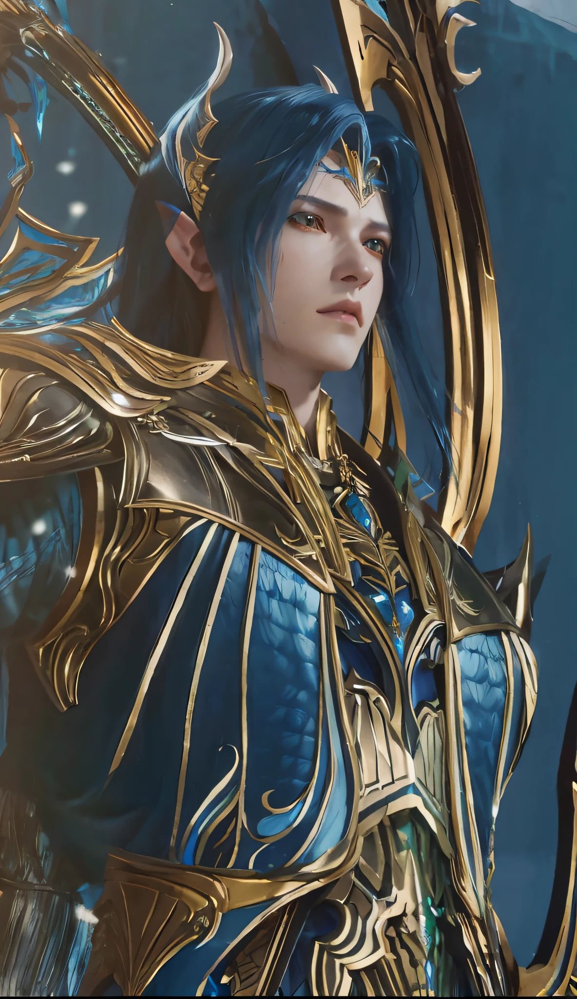 a close up of a person with a sword and a blue dress, unreal engine render saint seiya, 4 k detail fantasy, lineage 2 revolution style, hyperdetailed fantasy character, beautiful androgynous prince, beautiful male elf, portrait of dragoon, wow 4 k detail fantasy, a male elf, shadowbringers cinematic, a portrait of a male elf