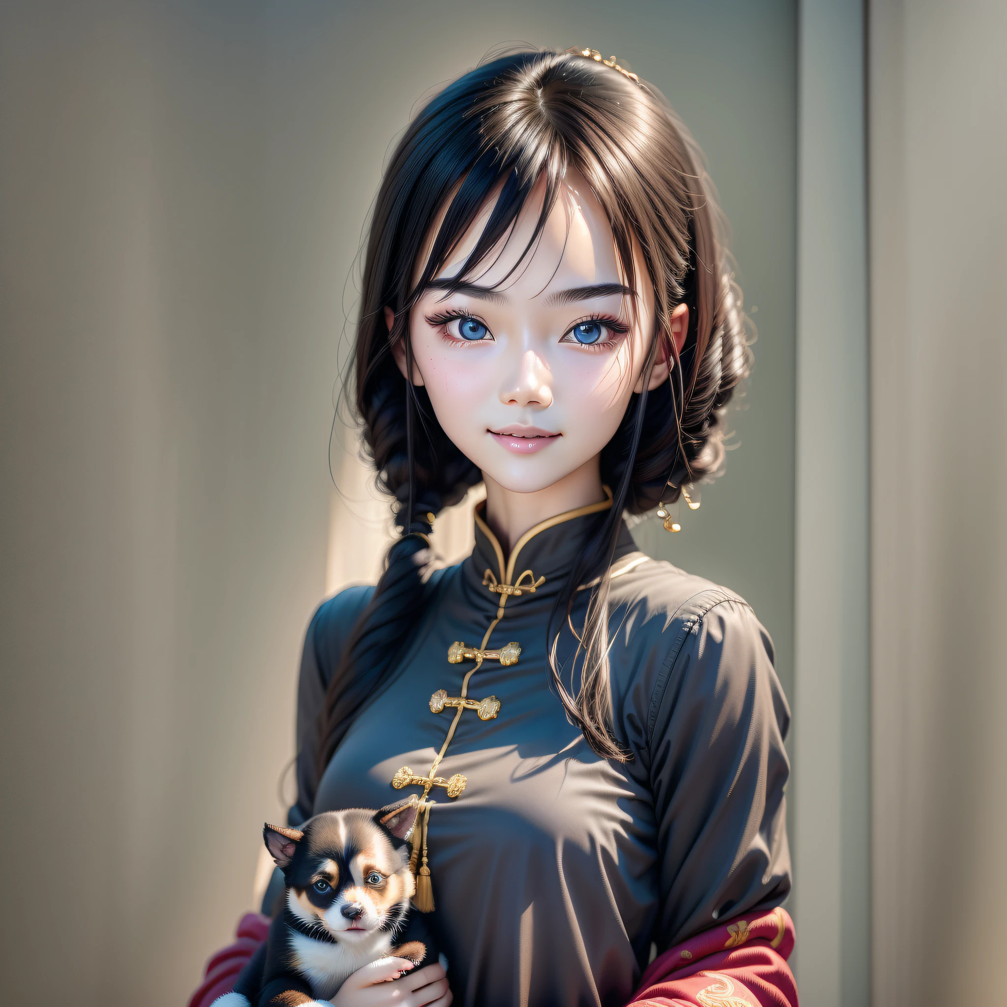 A Chinese girl, 18 years old, (holding puppy 1.3) (full body picture 1.2), beautiful eyes, real face, real skin, realistic face, realistic skin, detailed eyes, detailed facial features, detailed clothing features, (fashion hairstyle: 1.2) dynamic pose, simple background, smile, detailed face, double eyelids,