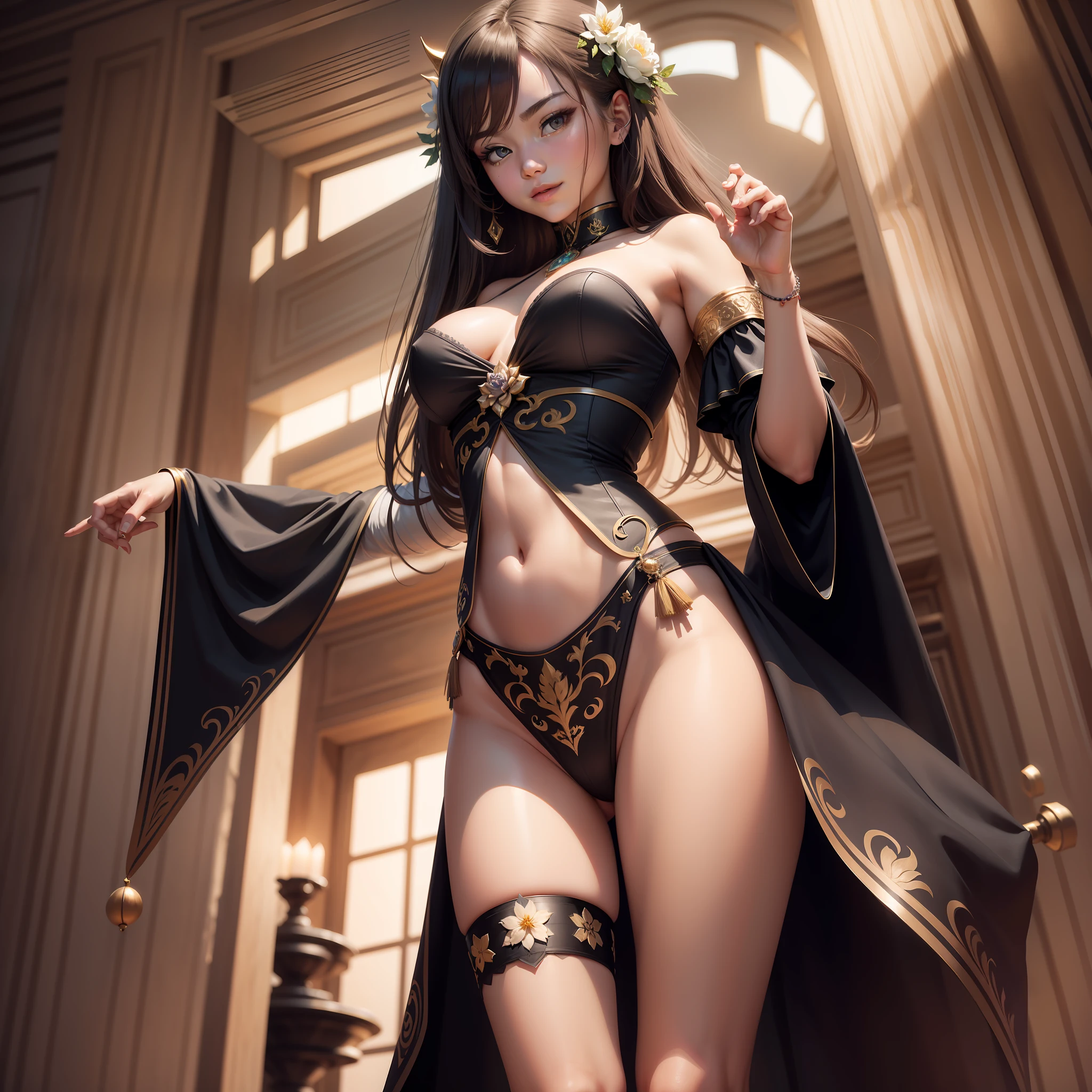 (from below) One beautiful Russian girl beauty is ultra-realistic, legs in different directions, panties removed, without underwear, covers her genitals with her hand, long hair, piquant pose, lifts her skirt, breasts can be seen, a slight smile, jewelry, a flower in her hair, stockings, background, vlop and sakimichan, ross tran 8 k, maximum detail of the genitals, maximum detail of the breast, maximum detail of the face, realistic eyes, realistic nose, Realistic smile, ultra detail
