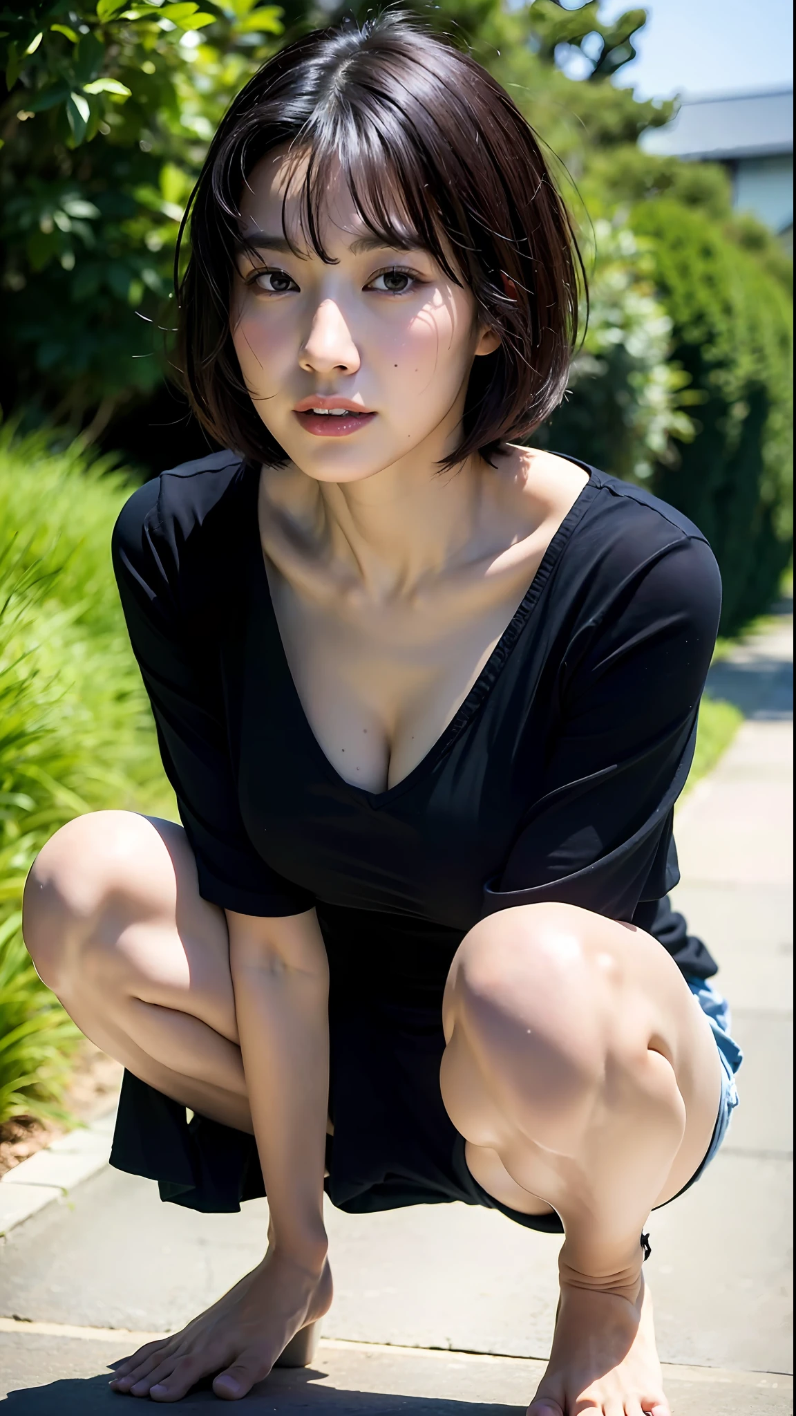 (Best quality, 8k, 32k, Masterpiece, UHD:1.2),Photo of Pretty Japanese woman,black short hair,beauty face,(leaning forward:1.3),squatting,(from above:1.2),(close up:1.4),pov,loose t-shirt,large breasts,(beautiful nipple slip:0.9),outdoors,windy,shiny skin,blurry background,