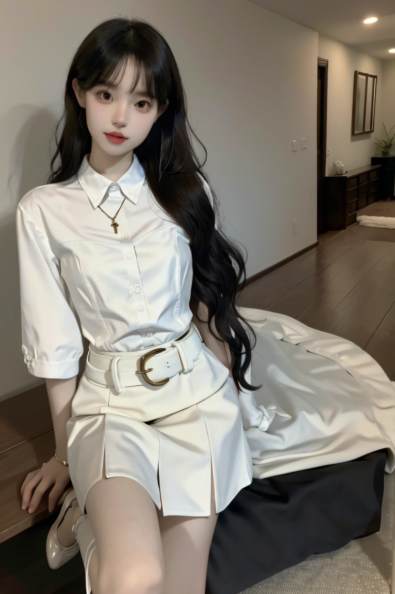 (Best quality, high resolution, masterpiece: 1.3), a tall and beautiful woman, slender legs, small white shoes, slender abs, dark brown hair in loose wavy shape, breasts, wearing a pendant, white buttoned shirt, belt, black skirt, (modern architecture in the background), face and skin texture in beautifully presented details, detailed eyes, double eyelids